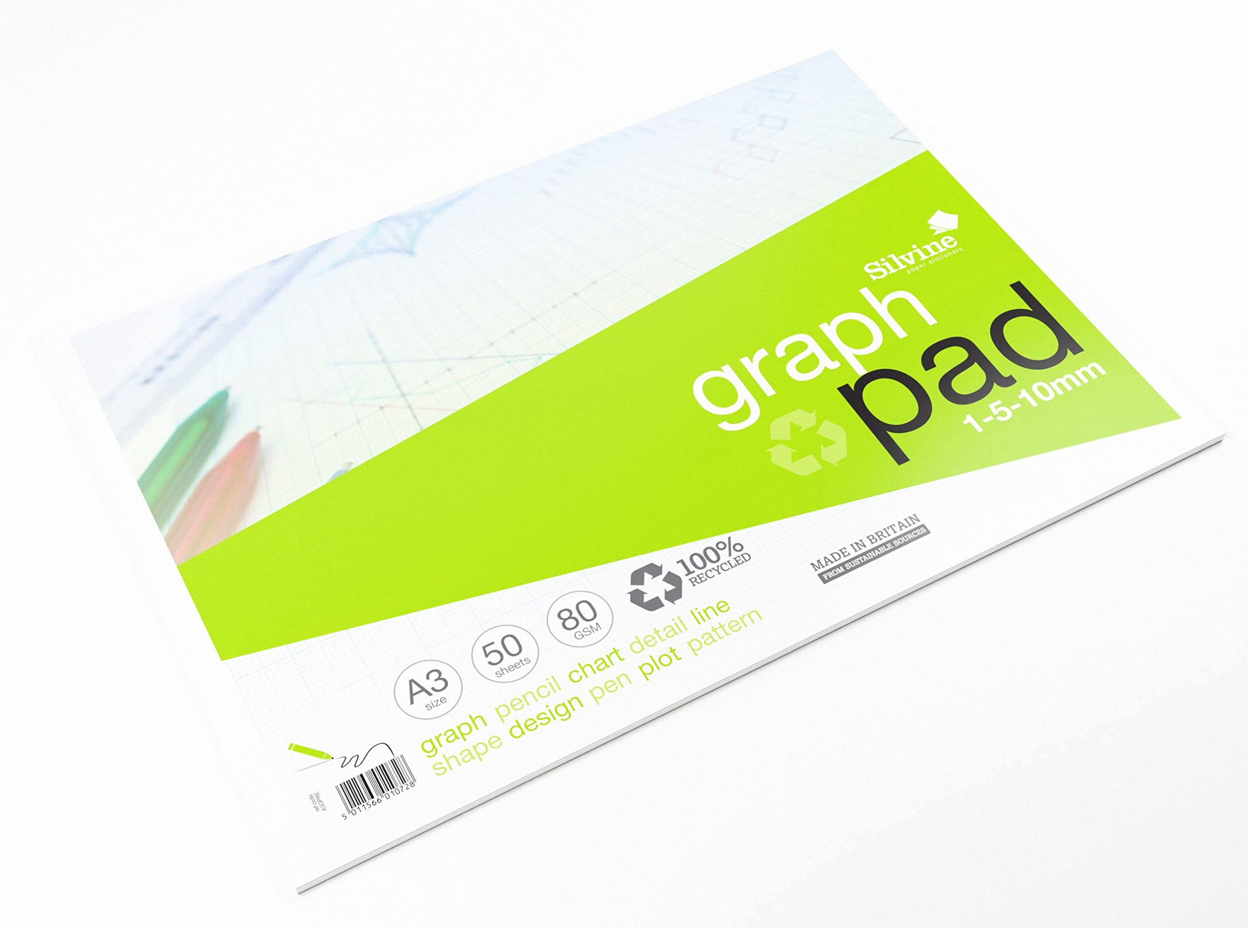 Silvine A3 100% Recycled Graph Paper Pad - Printed 1-5-10mm Graph (50 Sheets), Green - Image 2