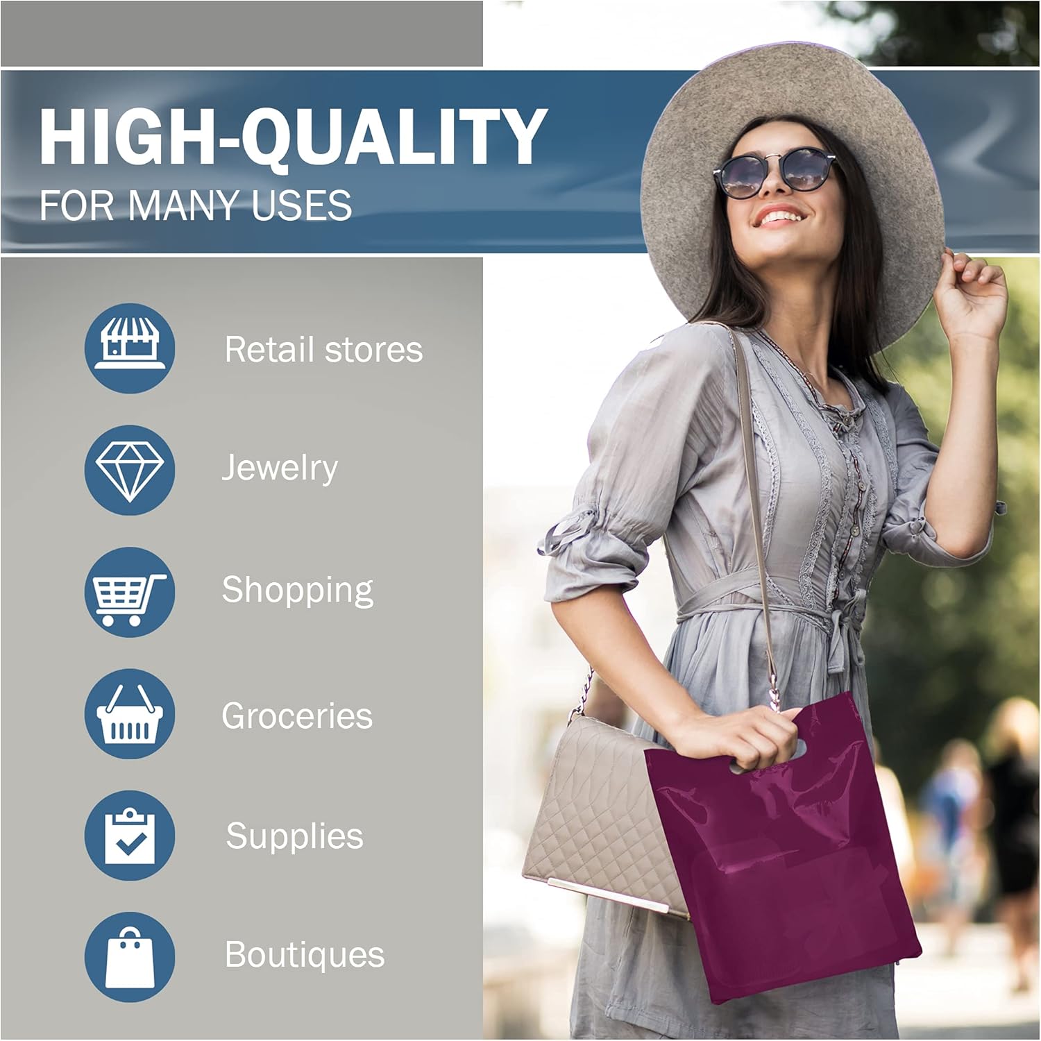 Purple Merchandise Plastic Shopping Bags - 100 Pack 9" x 12" with 1.5 mil Thick - Die Cut Handles - Perfect for Retail, Party Favors, Birthdays, Goodie Bags - Color Purple - Recyclable - Image 5