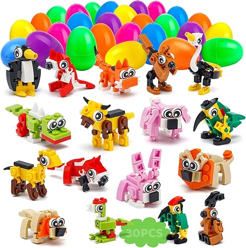30 huevos de Pascua rellenos con bloques de construcción de animales para la caza de huevos de Pascua, recuerdos de fiesta temática de Pascua,