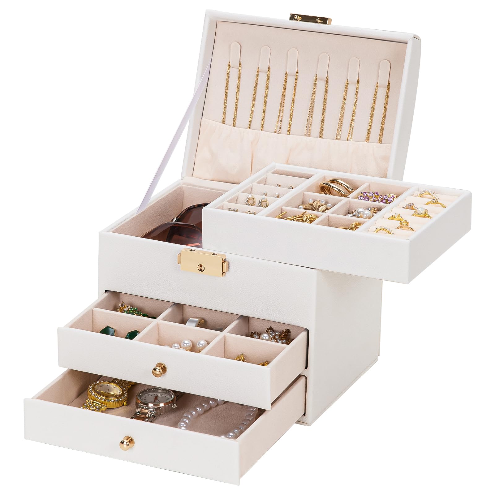 Homde Girls Jewelry Box with Lock 3 Layer Organizer with Removable Tray - Storage for Ring Necklace Earring