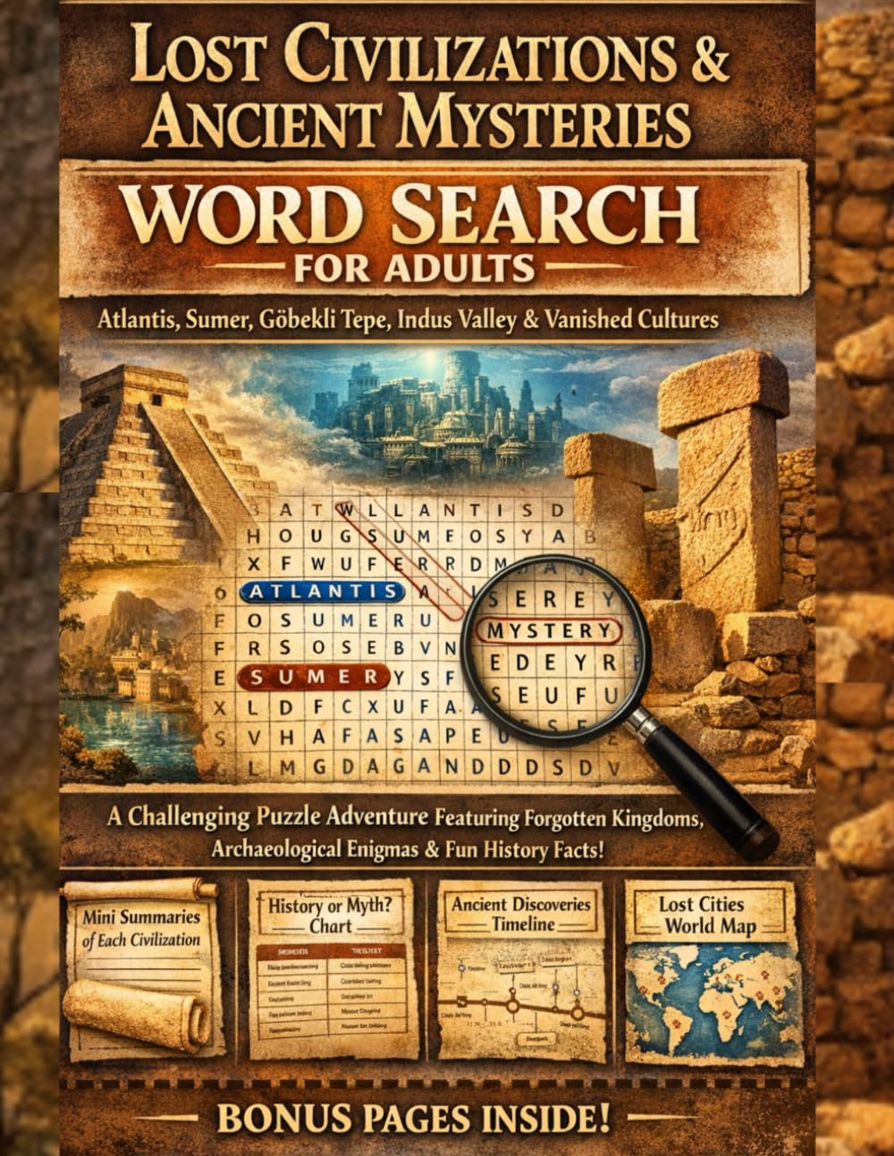 Lost Civilizations & Ancient Mysteries Word Search for Adults: A Challenging Puzzle Adventure Featuring Forgotten Kingdoms, Archaeological Enigmas, Fun History Facts, World Maps & Discovery