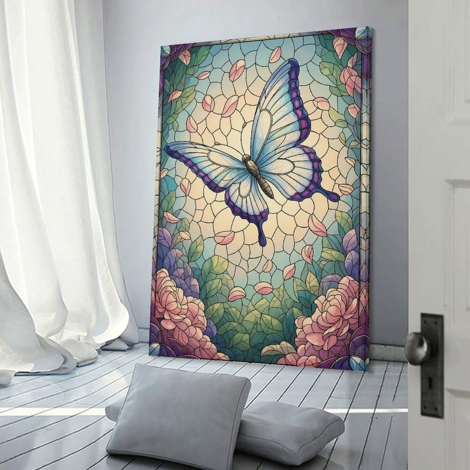 Junmoney Frame-Style-7 Stained Glass Butterfly And Flowers Canvas Wall Picture, 24X36inch(60X90cm), For Study, Office Or Focused Interiors, Home Office Artwork With Decorative Appeal