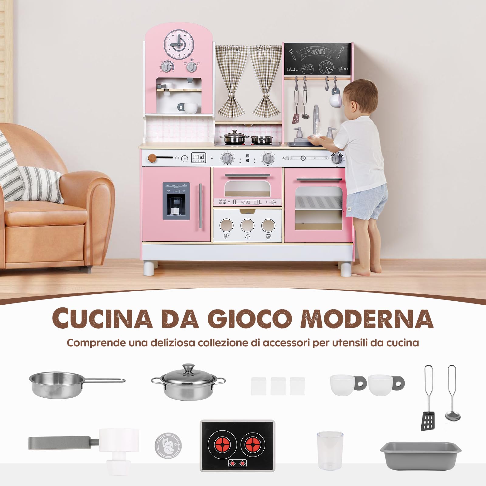 EDUBEBO Set da cucina per bambini, regolabile in altezza, viene fornito con vari accessori da cucina, giochi di ruolo per bambini dai 3 agli 8 anni (rosa)