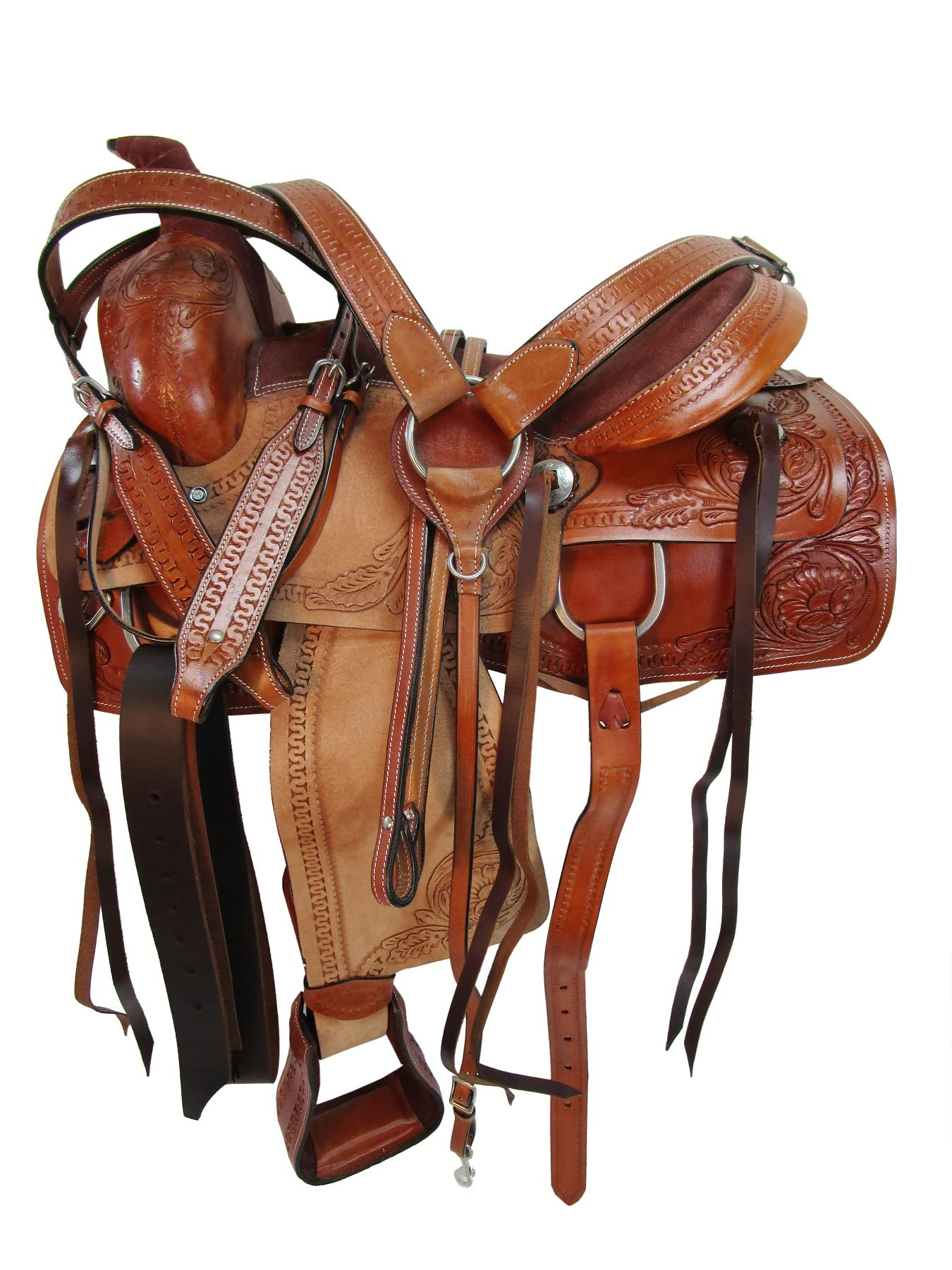 15 16 17 Western PRO Saddle Tooled Leather Pleasure Roper Ranch Roping TACK Set (17 Inch)