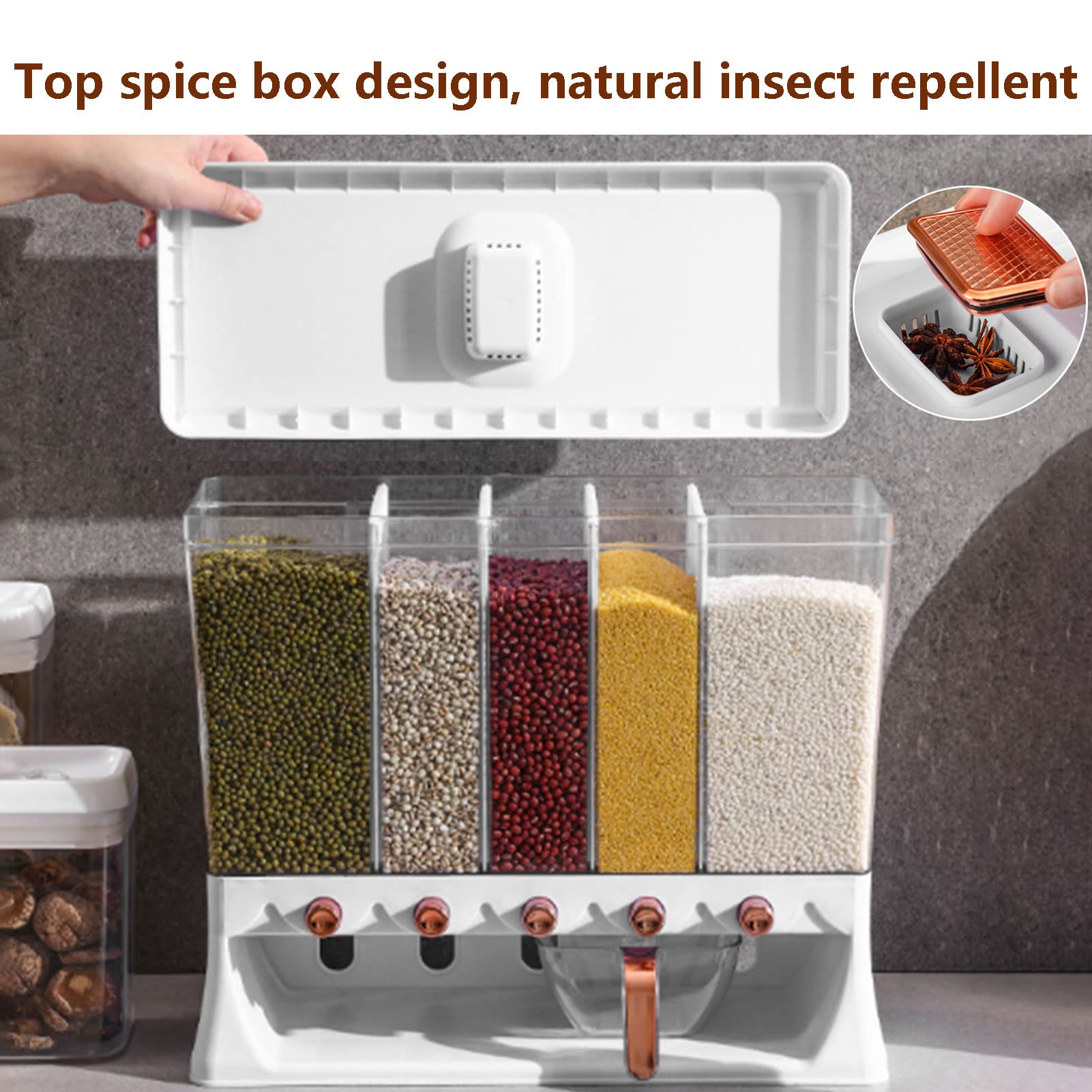 Dispenser per cereali sigillato a prova di umidità 5 in 1, secchio per riso con dispenser per cibo secco a parete, contenitore per cereali per frutta e cereali, contenitore per riso sigillato, per c