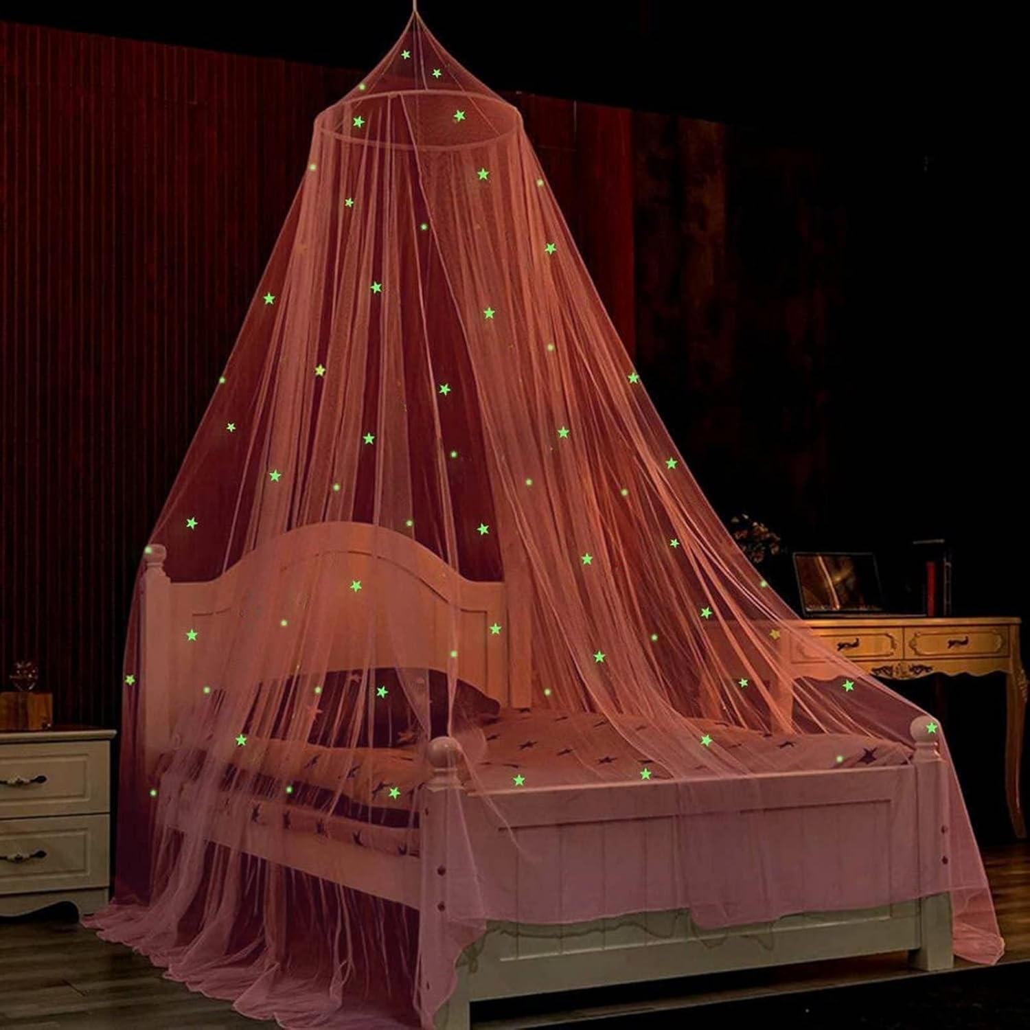 Mosquito Net for Bed Canopy with Fluorescent Stars Glow in Dark for Kids Glow in Dark Hanging Bed Dome Canopy (Pink Small)