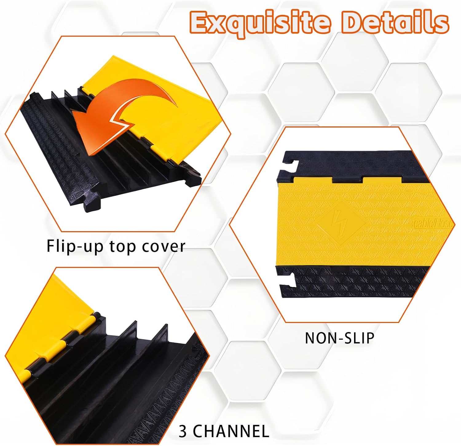 2PACK 3 Channel Cable Protector Ramp, Heavy Duty Rubber Driveway Cord Cover, Anti-Slip Wire Protector for Cables & Hoses, Indoor/Outdoor Safety Cover for Warehouse Garage