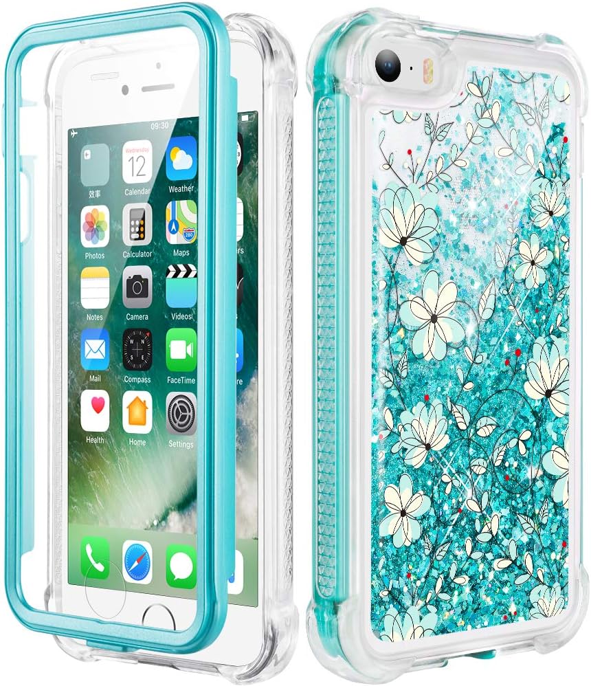 Caka iPhone 5 Case, iPhone 5S Case, iPhone SE (2016) Glitter Full Body Case with Built in Screen Protector Bling Sparkle Floating Liquid Girls Girly Women Cute Protective Case for iPhone 5 5S SE