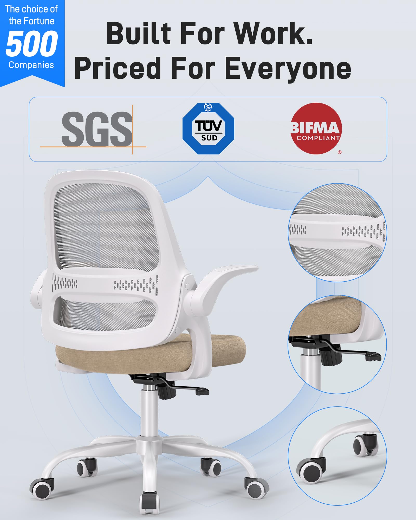 Ergonomic Mesh Office Chair for Home Office, Flip-Up Arms, Breathable Mesh Back & Thick Seat Cushion, Swivel Rolling Computer Desk Chair – BIFMA Certified, Supports 300 lbs (White Frame/Beige Seat)