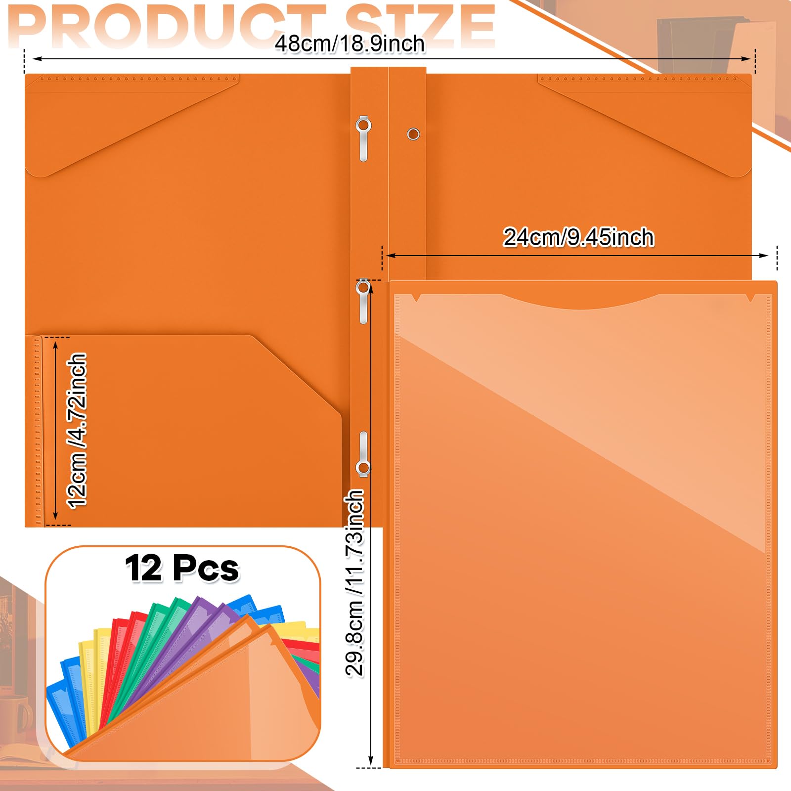 Henoyso Lot de 12 dossiers en plastique avec poche avant transparente et dossiers en plastique à 3 broches avec fente pour carte et broches pour l'école et le bureau (couleurs arc-en-ciel)