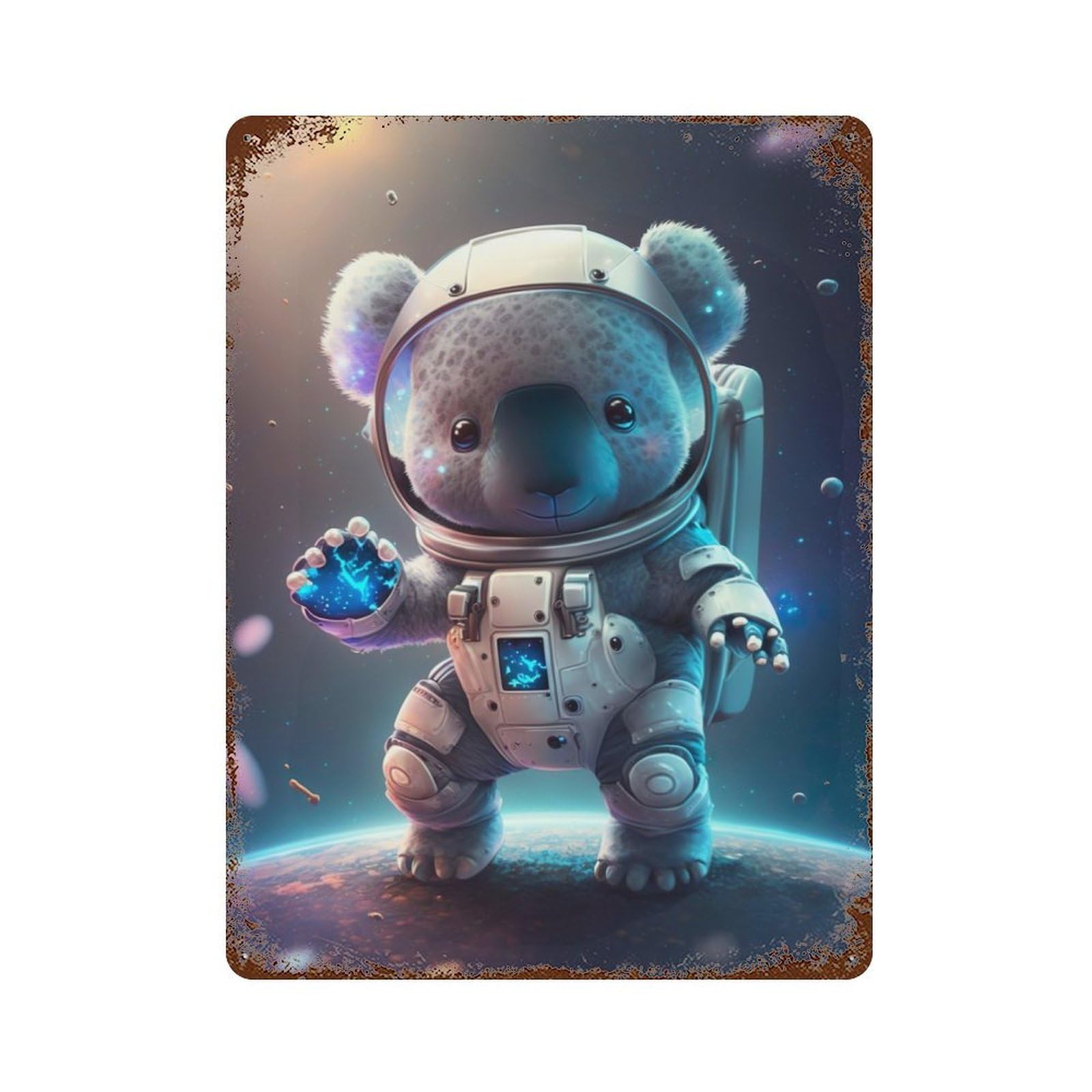 Astronaut Space Koala Bear Weathered Tin Sign 15.7"x11.8", Novelty Wall Decor for Garage, Pub Or Kitchen