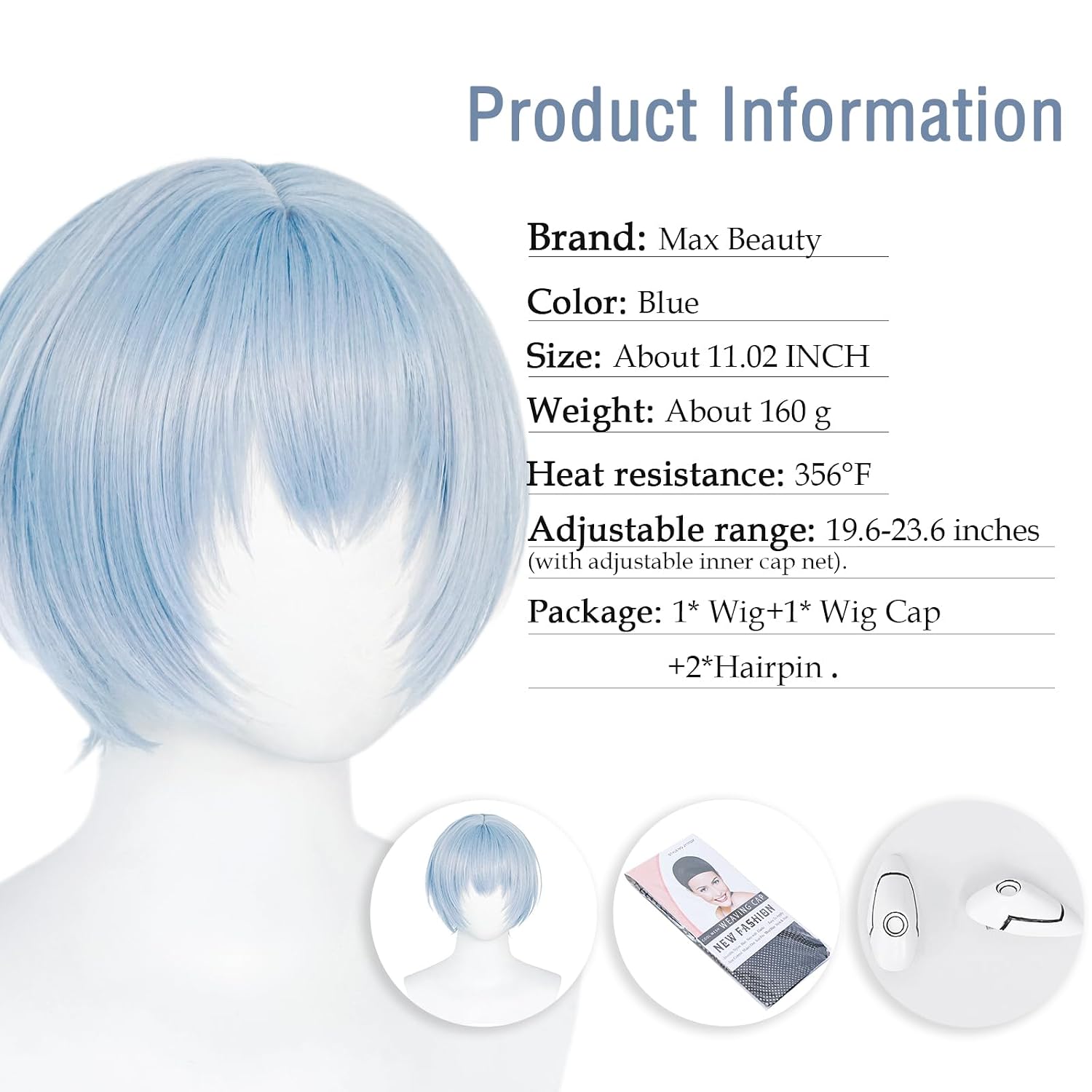 LABEAUTÉ Blue Wig for Cosplay Costume + Hairpin Anime Short Blue Women Cosplay Costume Wigs Accessories for Halloween Party + Wig Cap