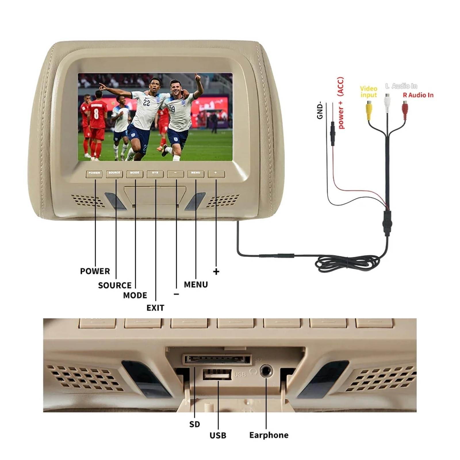 Lecteur DVD de Voiture Moniteur D'appuie-tête De Voiture Universel 7 Pouces TFT LED Écran Multimédia MP5 Lecteur Oreiller Support USB/SD Entrée FM/Haut-Parleur/Appareil Photo(707M-BK-C)