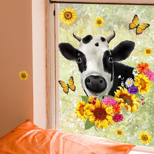 Miniatura 4 de Calcomanías de pared de animales de granja, divertidas calcomanías de pared de vaca, girasol, mariposa, calcomanías para ventana, despegar y pegar,