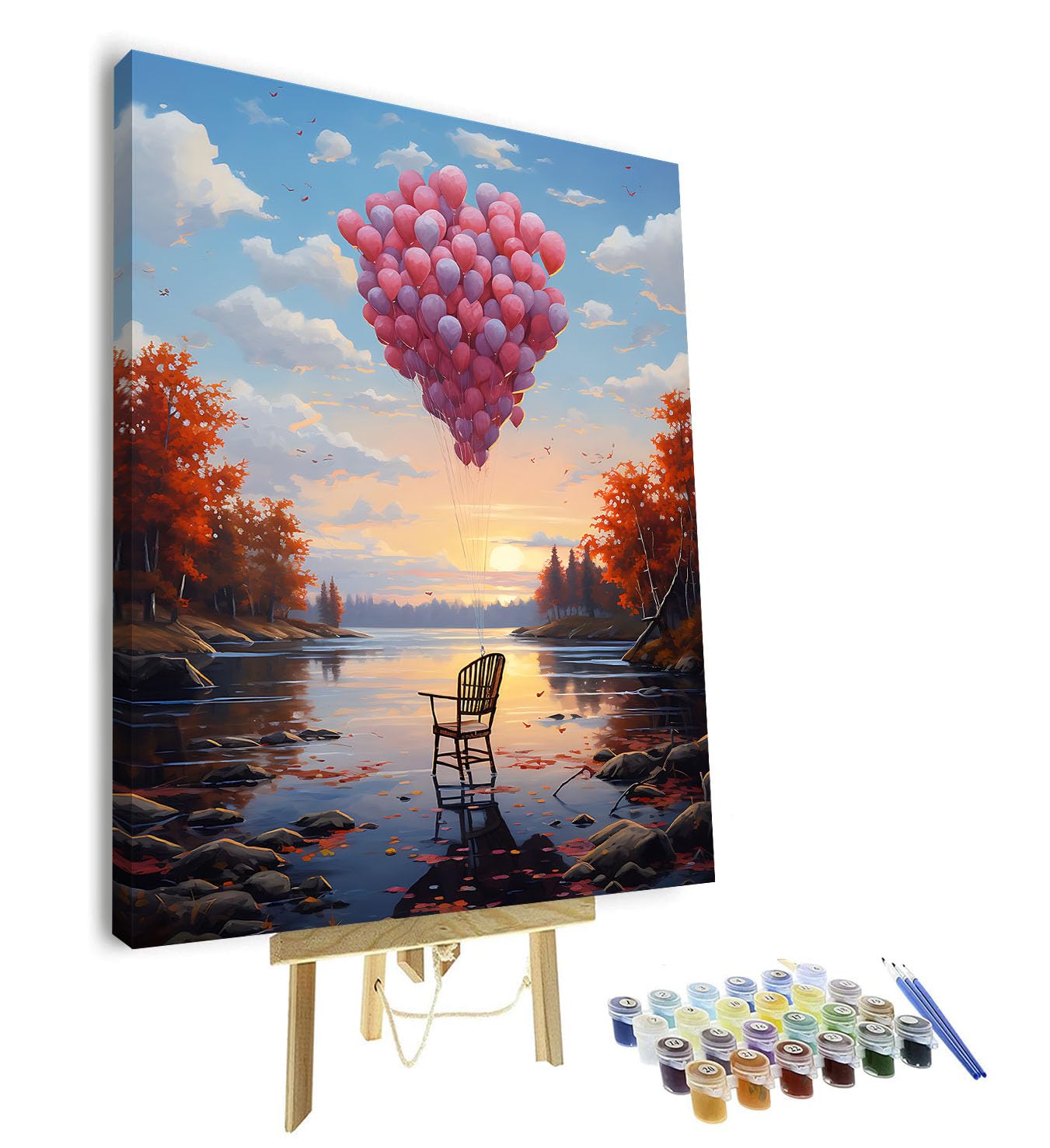 TISHIRON Paint by Numbers Kit for Adults Beginners - Autumn Lakeside Scenery with Pink Air Balloons, DIY Adult Painting Kits for Home Wall Decor, Relaxing Arts and Crafts for Adults, 16x20In (Framed)