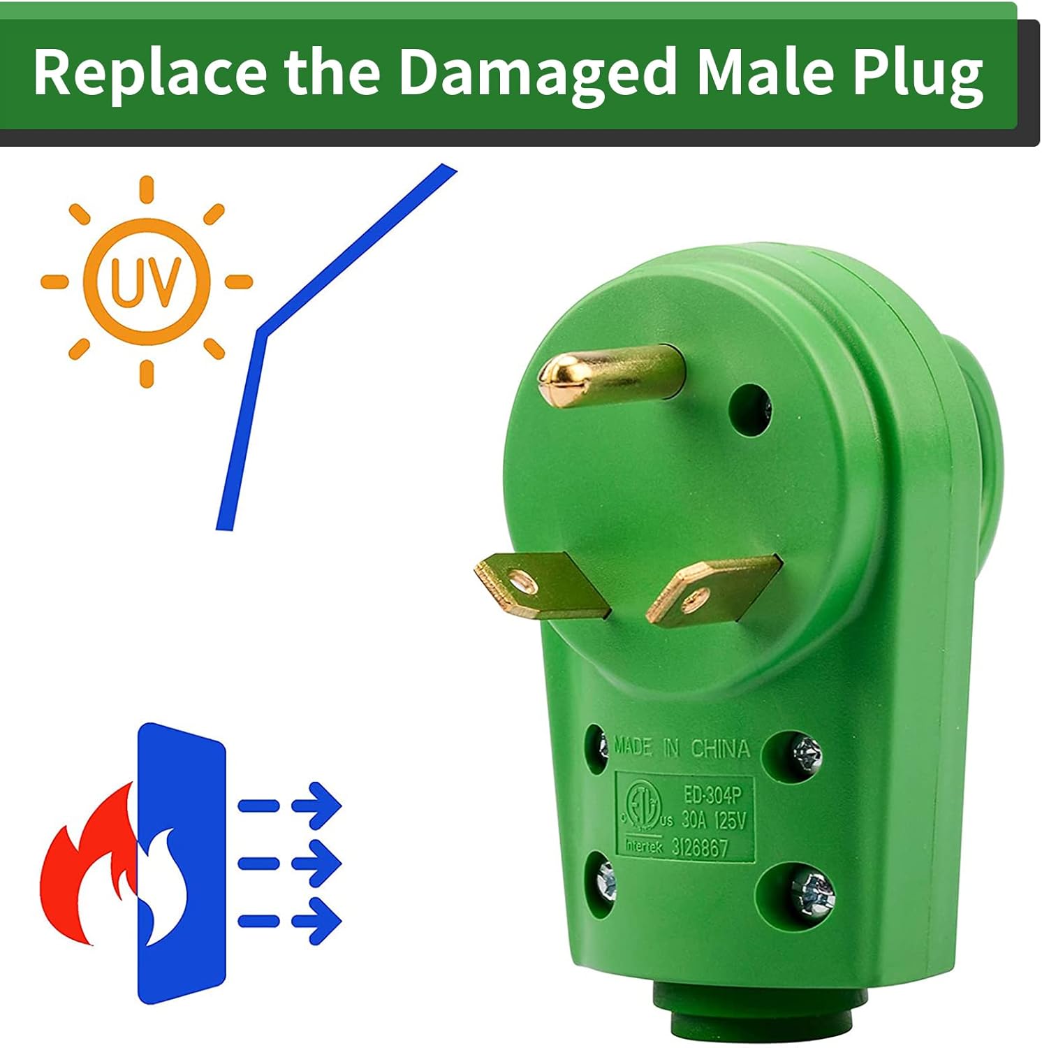 RVGUARD NEMA TT-30P RV Replacement Male Plug 125V 30 Amp with Disconnect Handle, Green - - 