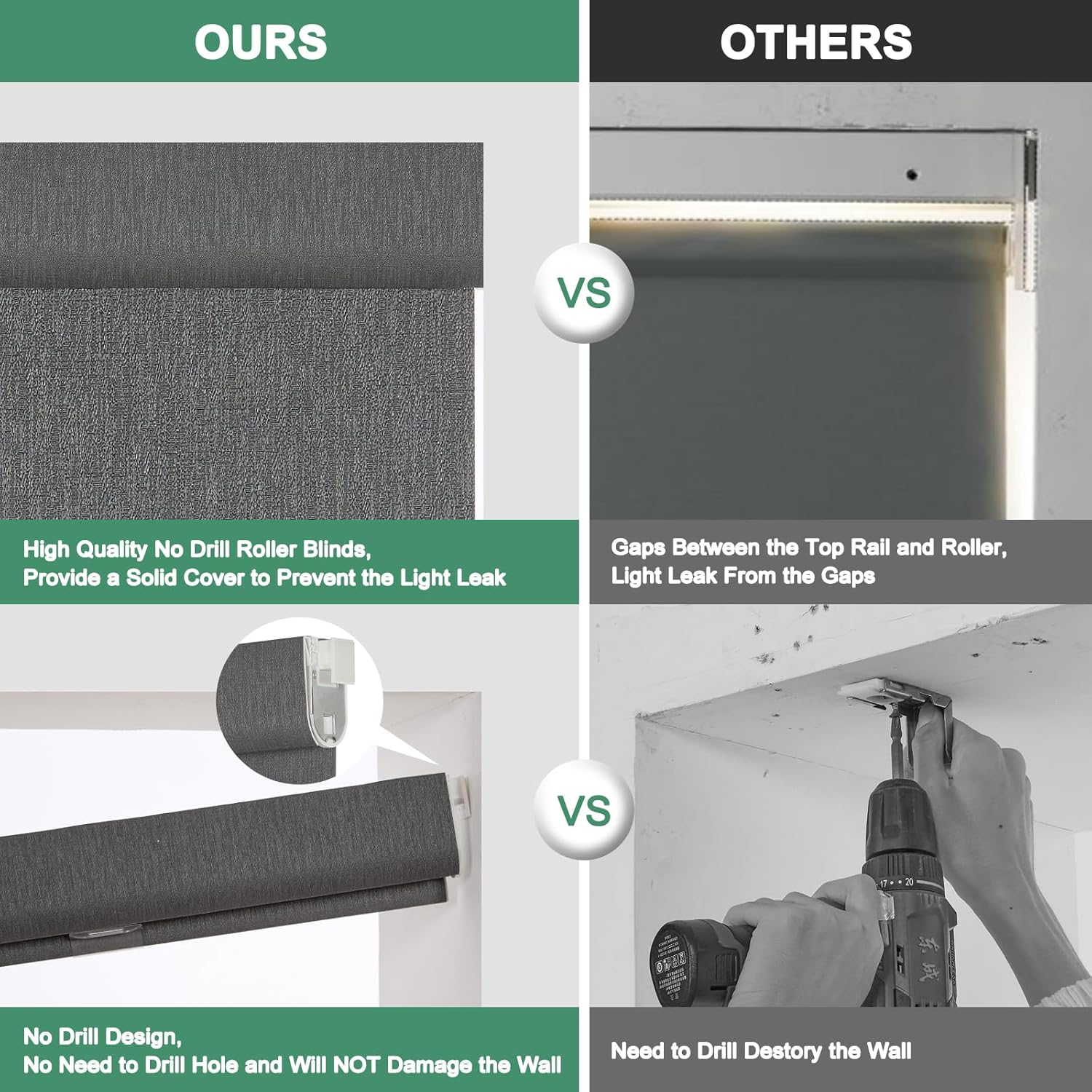 No Drill Blackout Roller Shades Cordless Window Blinds for Indoor Windows, Jacquard Fabric Pull Down Blinds for Home, Bedroom, Bathroom, Kitchen, Living Room, Office, Custom Size, Grey