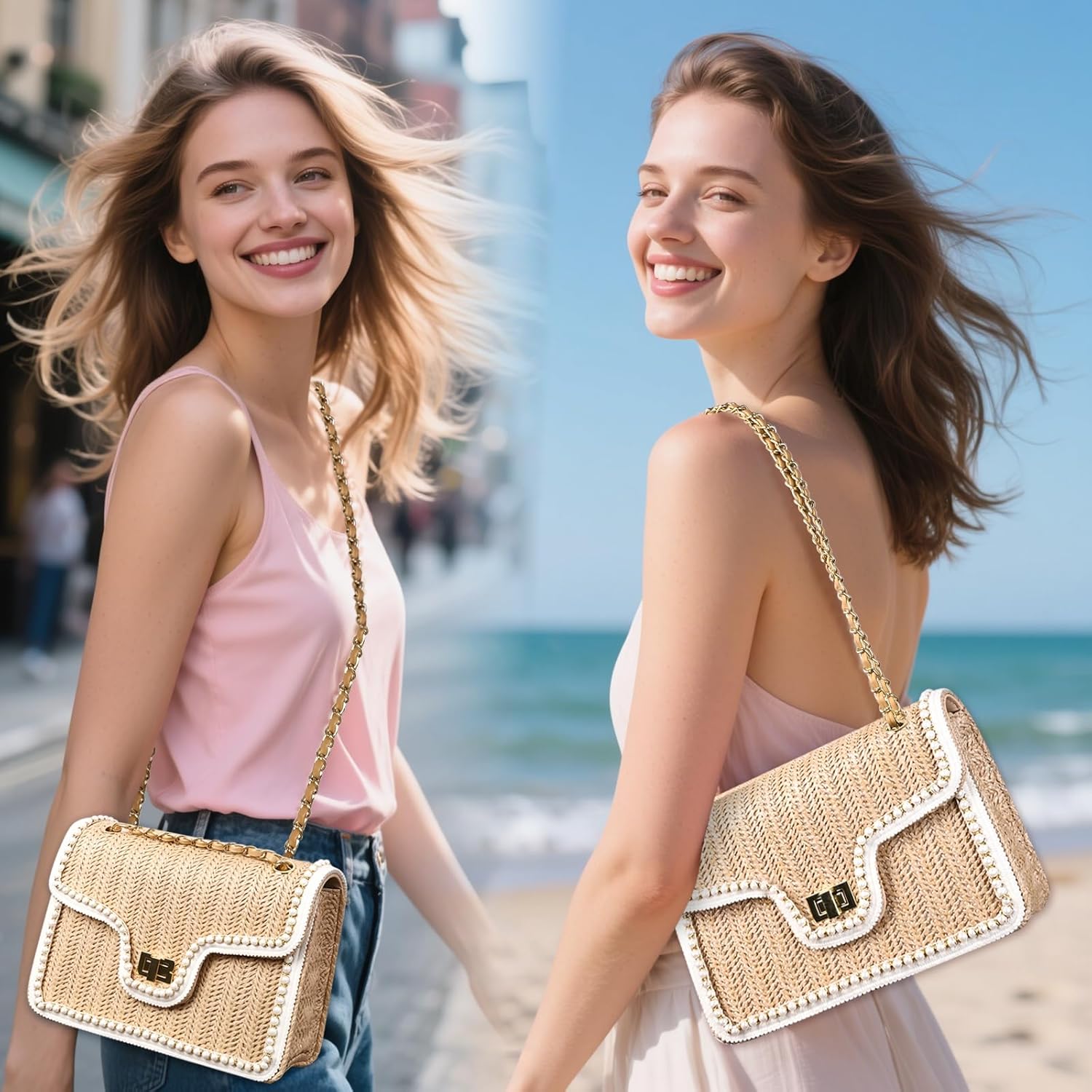 Straw Crossbody Bags for Women, Summer Fashion Straw Purses and Handbags Shoulder Raffia Clutch Bag with Pearls