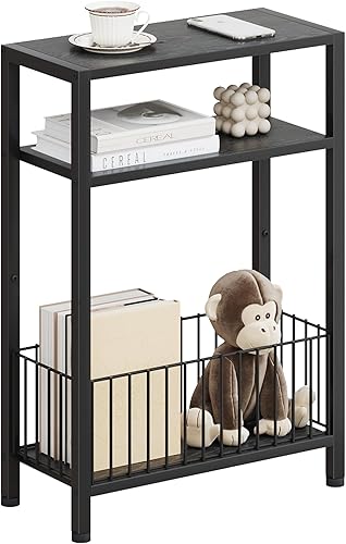 Miniatura 11 de Mesa auxiliar estrecha con estación de carga, mesa auxiliar pequeña para espacios pequeños, mesita de noche delgada con cesta de almacenamiento,