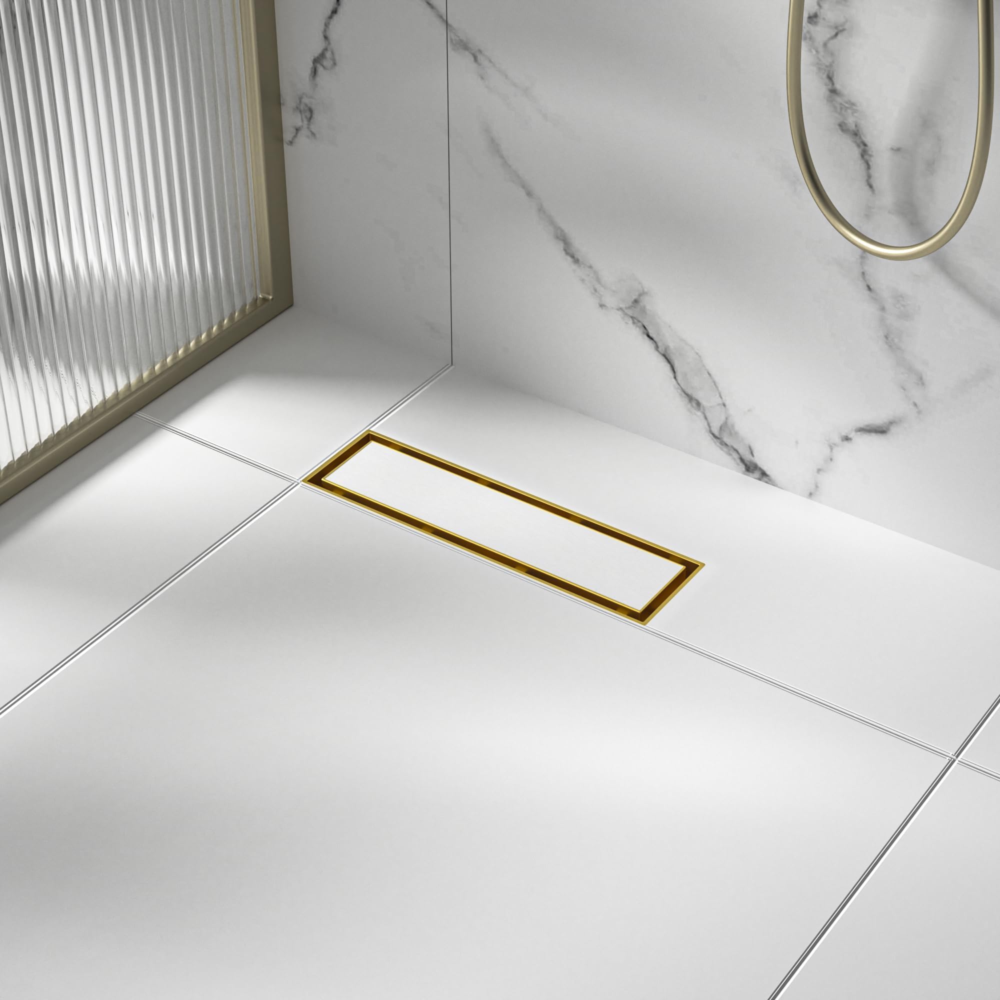 Linear Shower Drain 12", Brushed Gold Floor Drain with Tiled Insert Grate & Hair Strainer, 304 Stainless Steel Bathroom 2-in-1 Tiled in Drain, CUPC Certified (Brushed Gold, 12'')