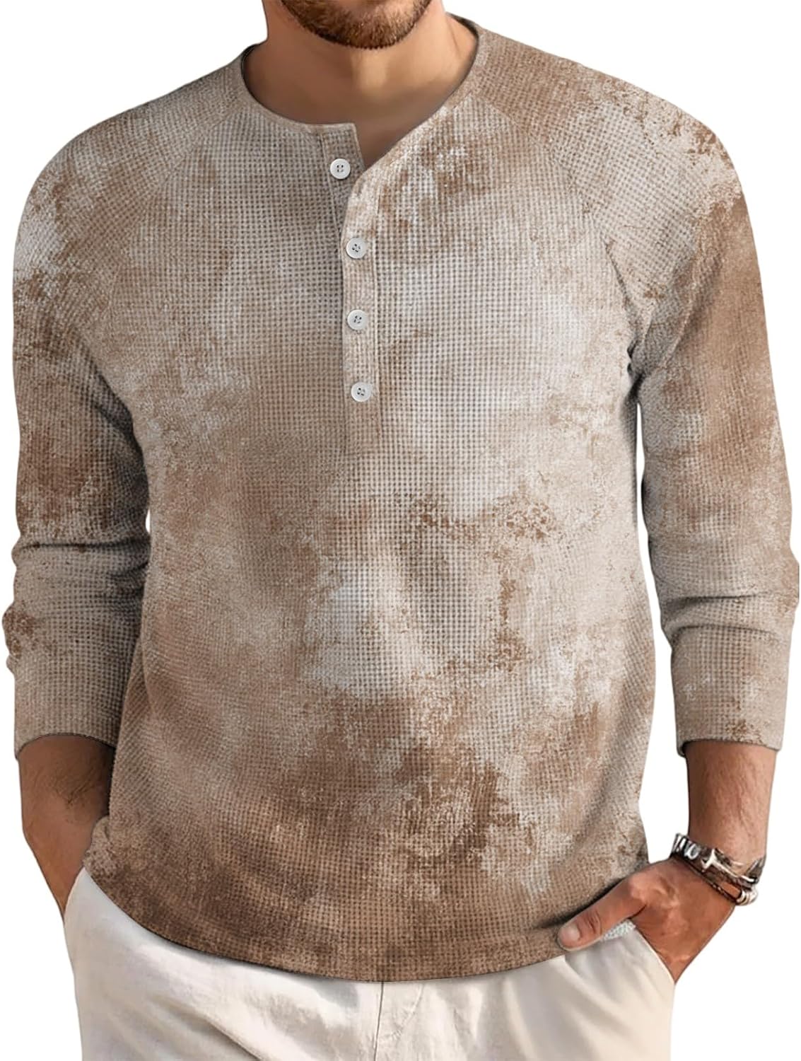 RTRDE Men's Casual T Shirts Long Sleeve, Tie Dye Print Henley Shirts Fall Winter Button Tee Top, M-3XL
