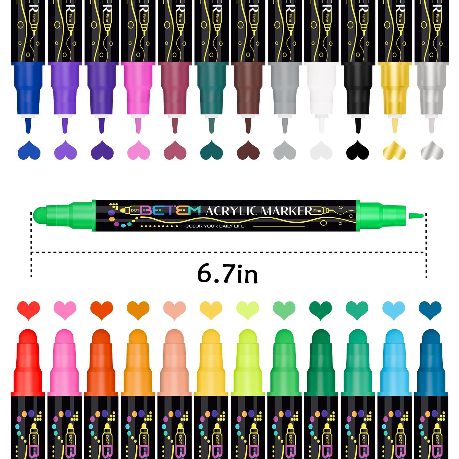 Surcotto Acrylic Paint Pens, Dual Tip Acrylic Paint Markers, Waterproof, Non -Toxic, Odorless, Suitable For Paper, Pottery, Stones, Backpacks, Glass, Eggs, Fabrics, Plastics, Handicrafts - 36 Colours