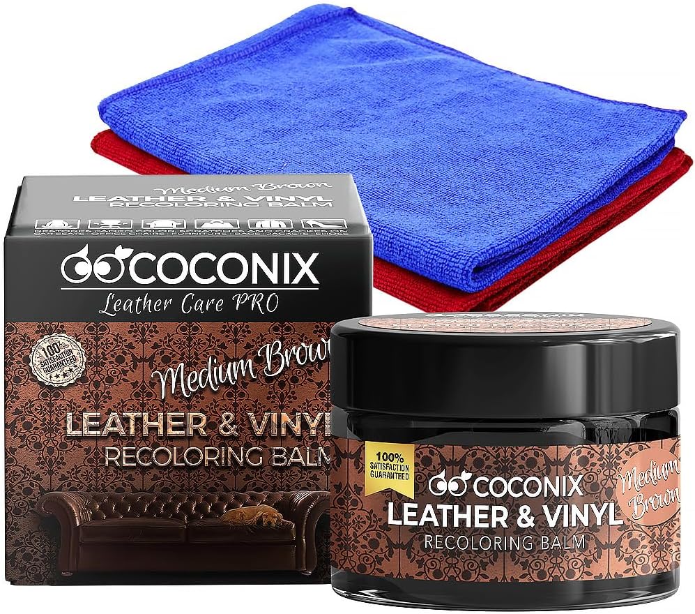 COCONIX Leather Recoloring Balm Middle Brown - Recolor, Renew, Repair & Restore Aged, Faded, Cracked, Peeling and Scuffed Leather & Vinyl Couches, Boat or Car Seats, Furniture