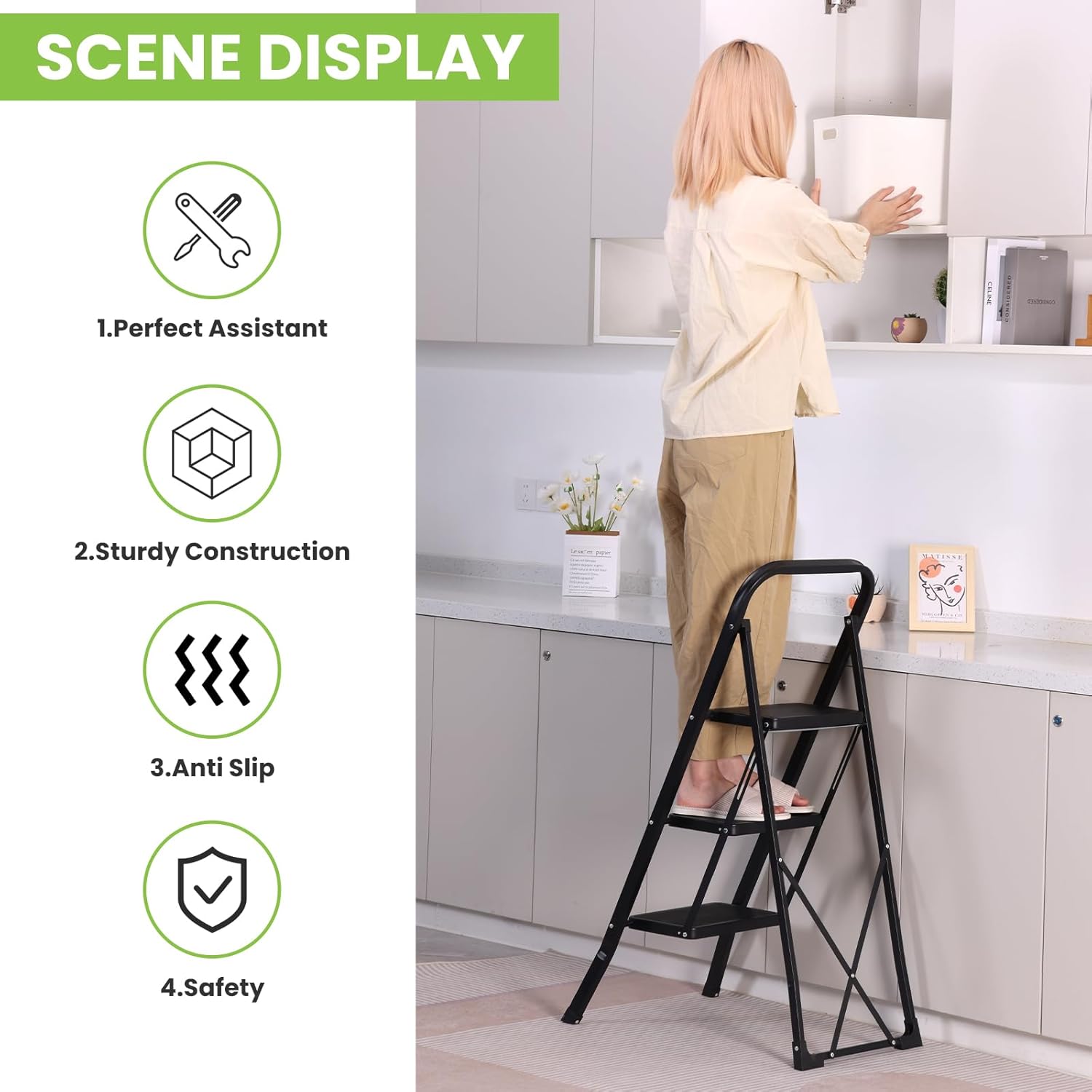 3 Step Ladder, SPIEEK Folding Step Stool with Wide Anti-Slip Pedal, 330lbs Capacity Portable Lightweight Ladders for Home Kitchen Outdoor, Black