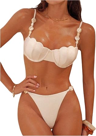 SHENHE Womens Push Up Underwire Swimsuits 2 Piee Seashell Top Cheeky Thong Beaded Bikini Set