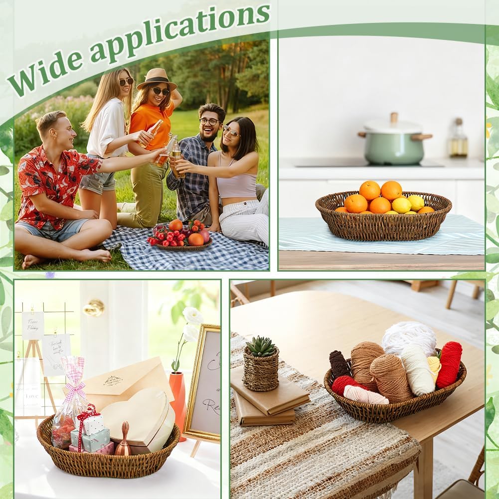 6 Pack Small Woven Breads Baskets, Stackable Plastic Wicker Basket Tabletop Storage Bins Fruit Vegetables Sundries Storage for Bakery Home Kitchen Restaurant, Coconut Brown 3 Size