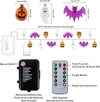 Vista 3 de Mosoan Luces de Halloween, 20 pies, 30 luces LED de calabaza, fantasma, murciélago, funciona con pilas, con temporizador, 8 modos de luz, luces