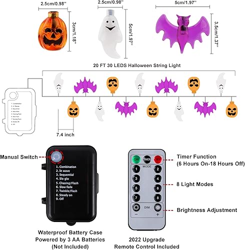 Miniatura 3 de Mosoan Luces de Halloween, 20 pies, 30 luces LED de calabaza, fantasma, murciélago, funciona con pilas, con temporizador, 8 modos de luz, luces de