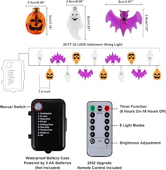 Mosoan Halloween Lights, 20Ft 30 LED Pumpkin Ghost Bat String Lights Battery Operated with Timer, 8 Light Modes Halloween Fairy Lights for Indoor Outdoor Party Home Yard Window Decor