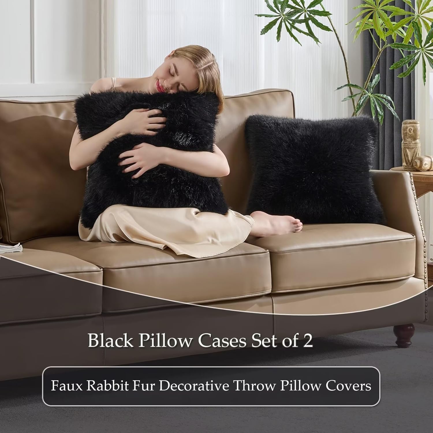 Decorative Throw Pillow Cover 18x18 Inch Set of 2,Super Soft Luxury Fluffy Fox Fur Pillowcase for Couch Sofa Bedroom Living Room Cushion Covers-Black
