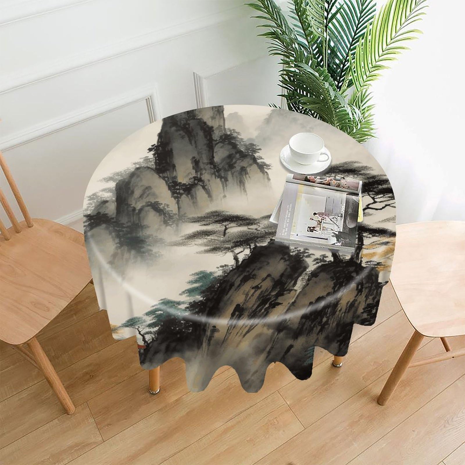 FodPand Chinese Landscape Painting Round Tablecloth - 60 Inch Premium Polyester Table Cloth, Fashion Wrinkle Resistant Decorative Table Cover for Dining Kitchen Party Buffet Tables