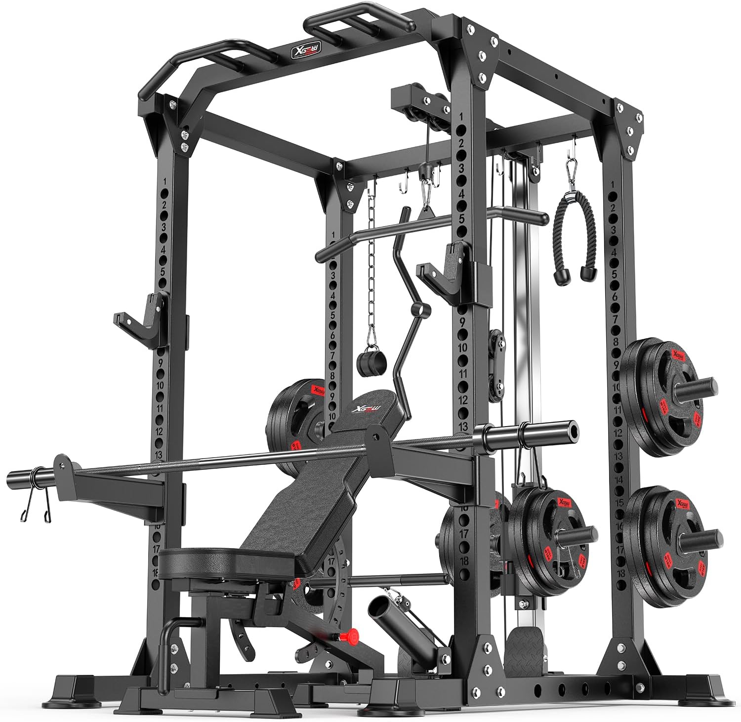 Power Cage, 1800LB Capacity Squat Rack with Cable Crossover and Dual Independent Pulley System, Power Rack for Home Gym