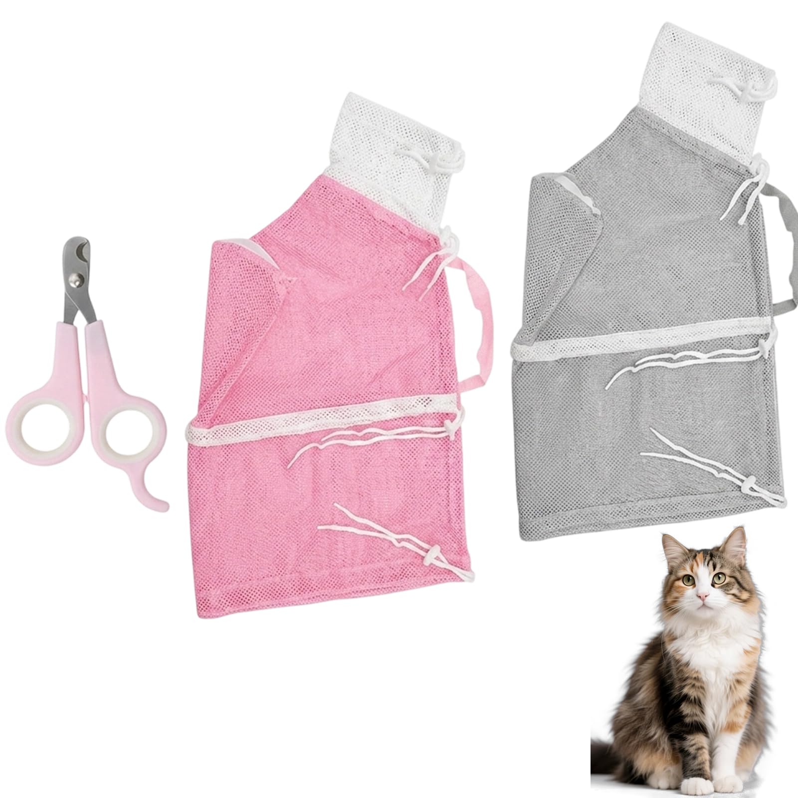 ZISHAN 3Pcs Cat Bathing Bag Set, Cat Wash Bag and Cat Grooming Hammock, Cat Bath and Shower Solution, Grey and Pink with Nail Tools