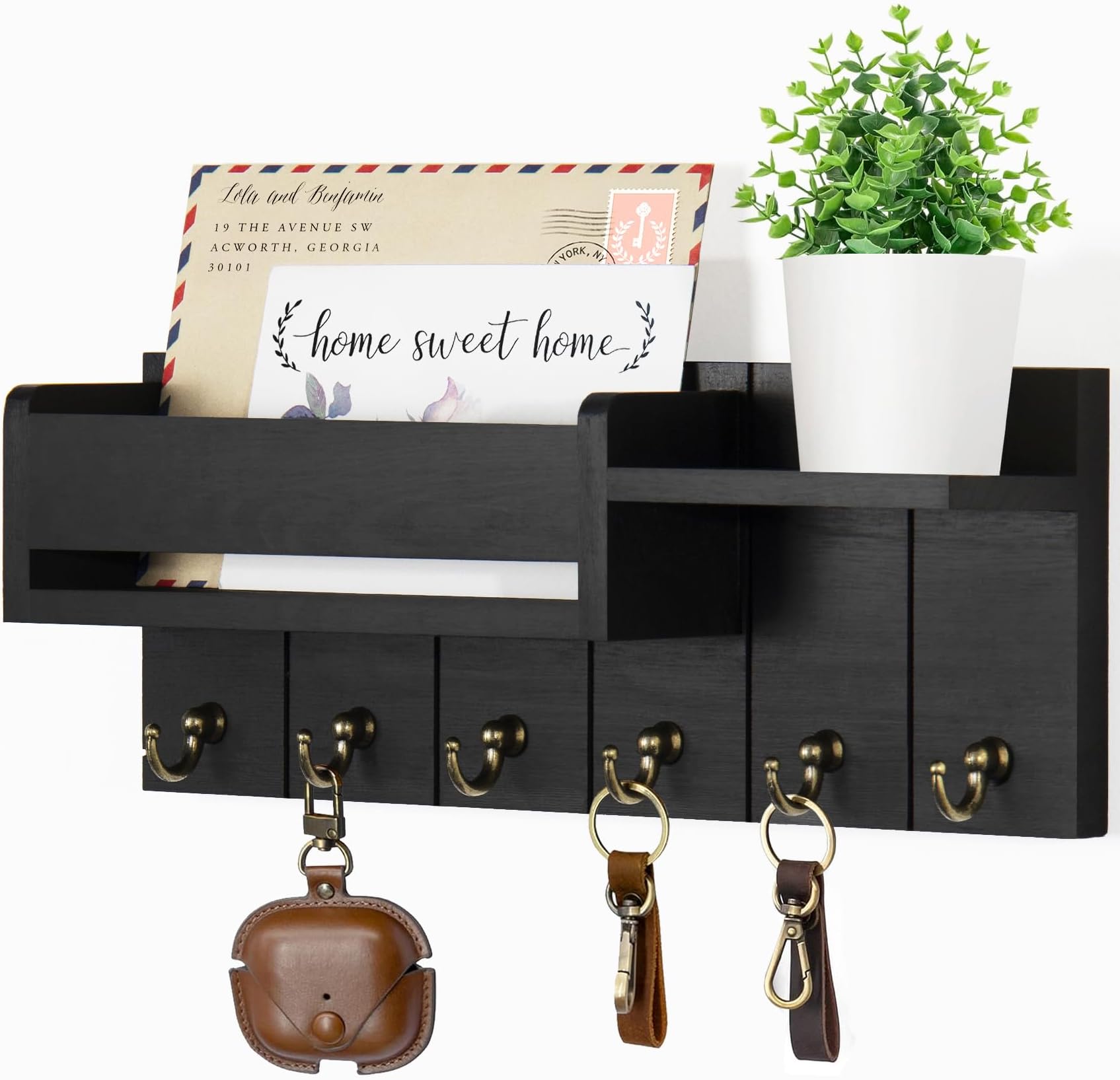 – Key Holder Wall Mount - Decorative Key Rack and Mail Organizer with 6 Key Hooks - Wooden Key Hanger with Shelf for Living Room Decor - Rustic Farmhouse Home Entryway Aesthetic Essentials
