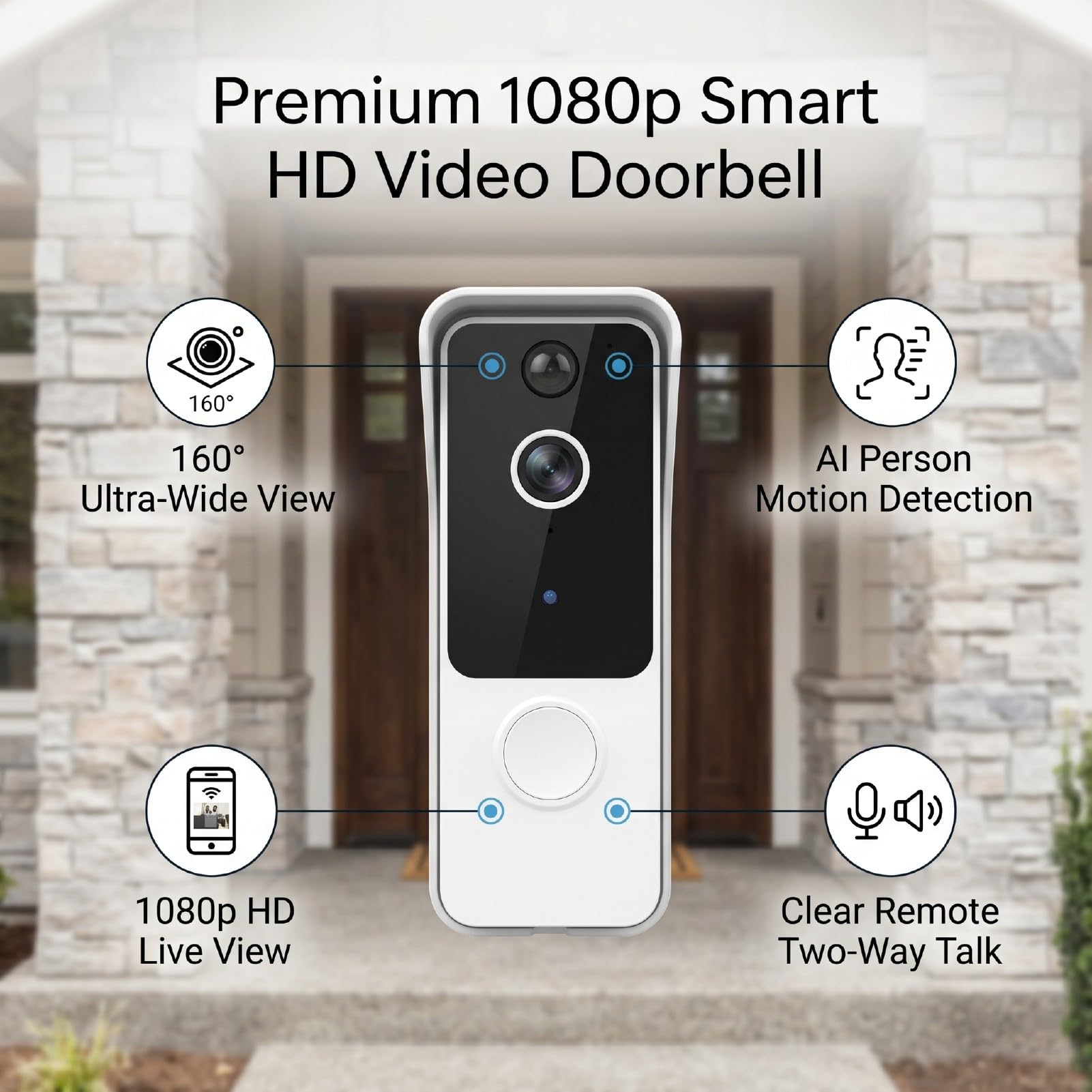 Luocute Timbre con Vídeo Inteligente, 1080P HD Gran Angular de 160°, Detección de Movimiento AI, Audio Bidireccional, Visión Nocturna, con Batería o Alimentación por Cable, para