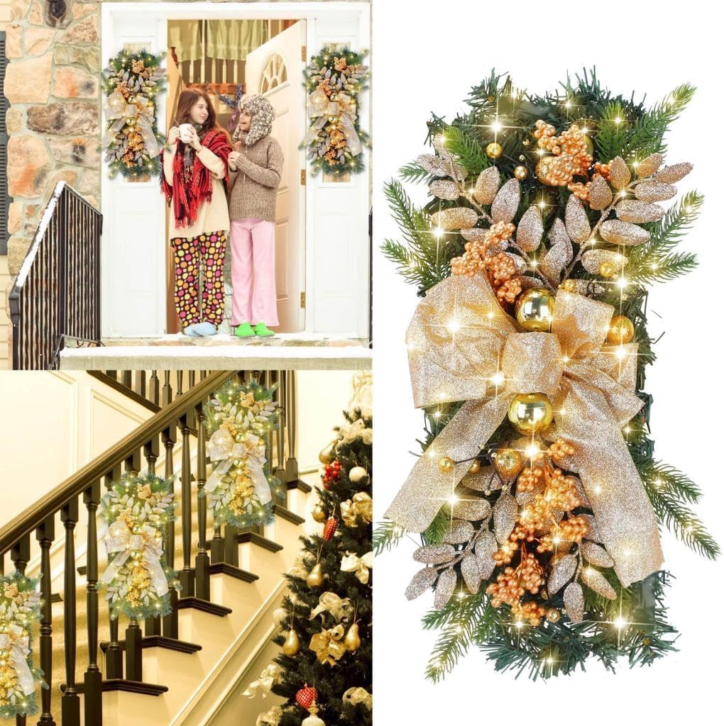 Christmas Decorations Swags Christmas Wreath Cordless Prelit Stairway Teardrop Swag Christmas Swags Trim with Pinecones Bowknot Bells Lights Hanging Ornaments for Outdoor Home Garden Doors Decor