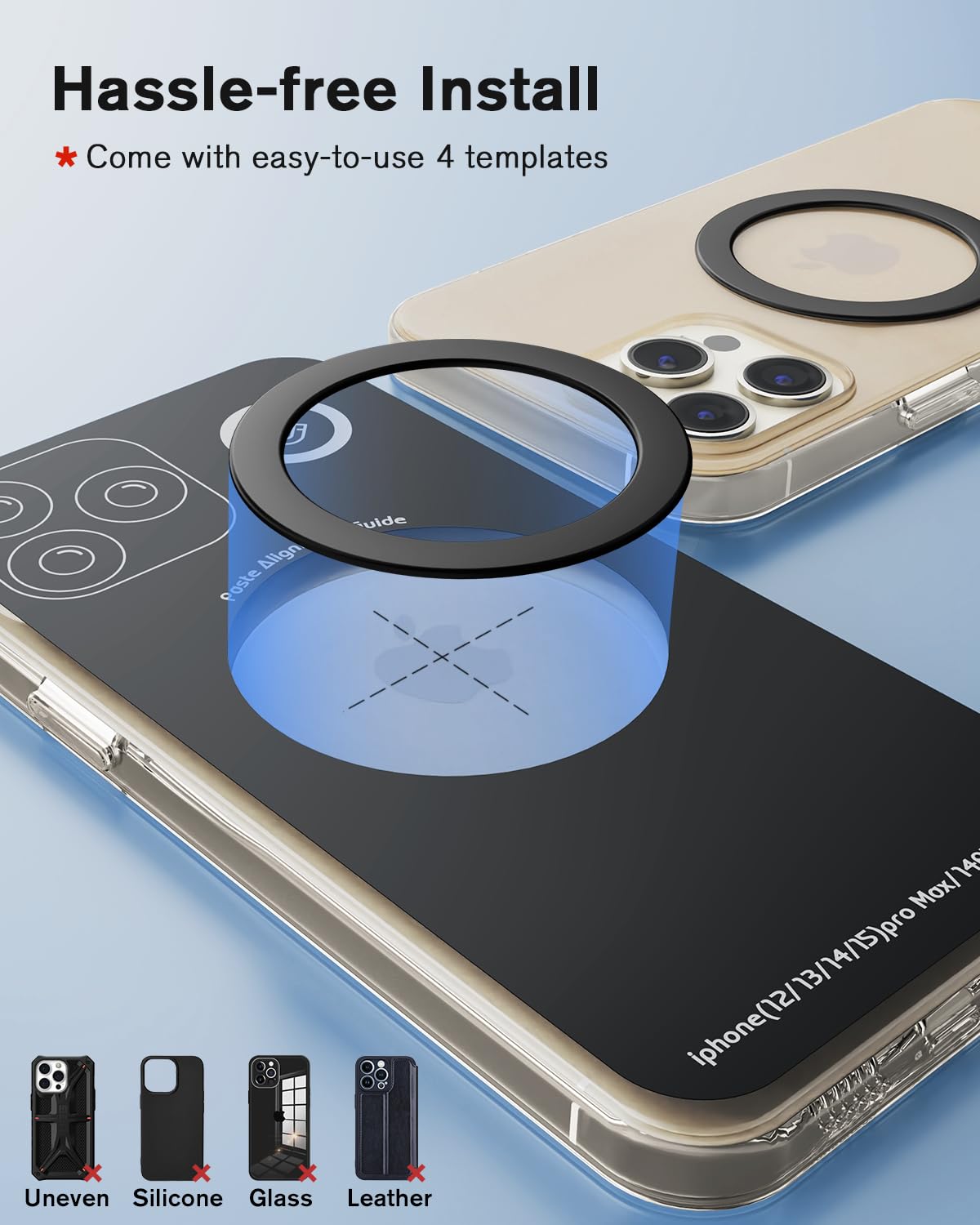 6PCS Adhesive Metal Ring for Phone Case Cover, Thin Mag Safe Sticker Metallic Plate for iPhone15 14 13 Pro Max Mini Sticky Round Piece for MagSafe