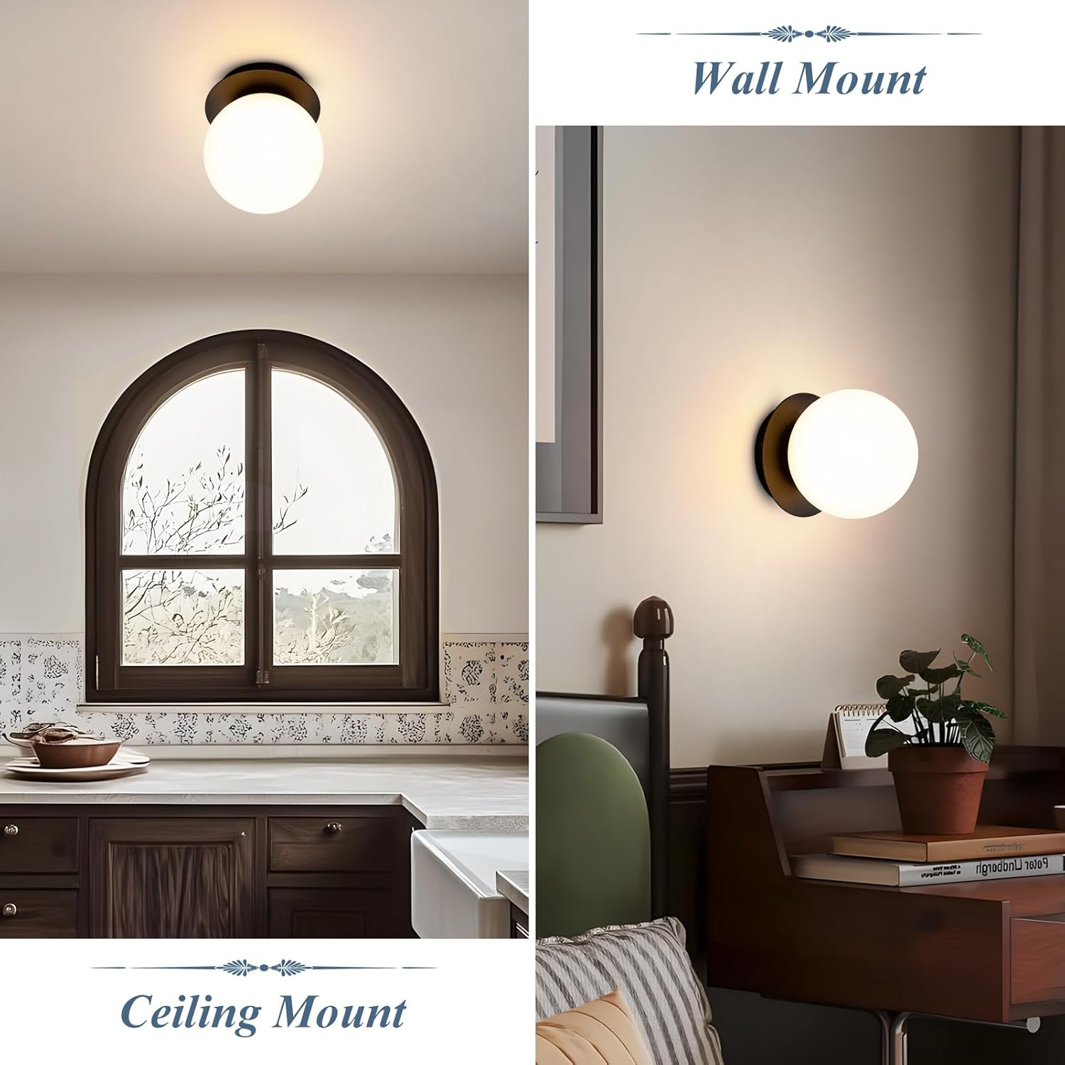 Wall Sconce Set of 2, Modern Matte Black Wall Light Fixtures, Globe Glass Wall Sconces, Milk Glass Shade Ball Vanity Light for Bathroom Mirror, Living Room, Hallway, Entryway