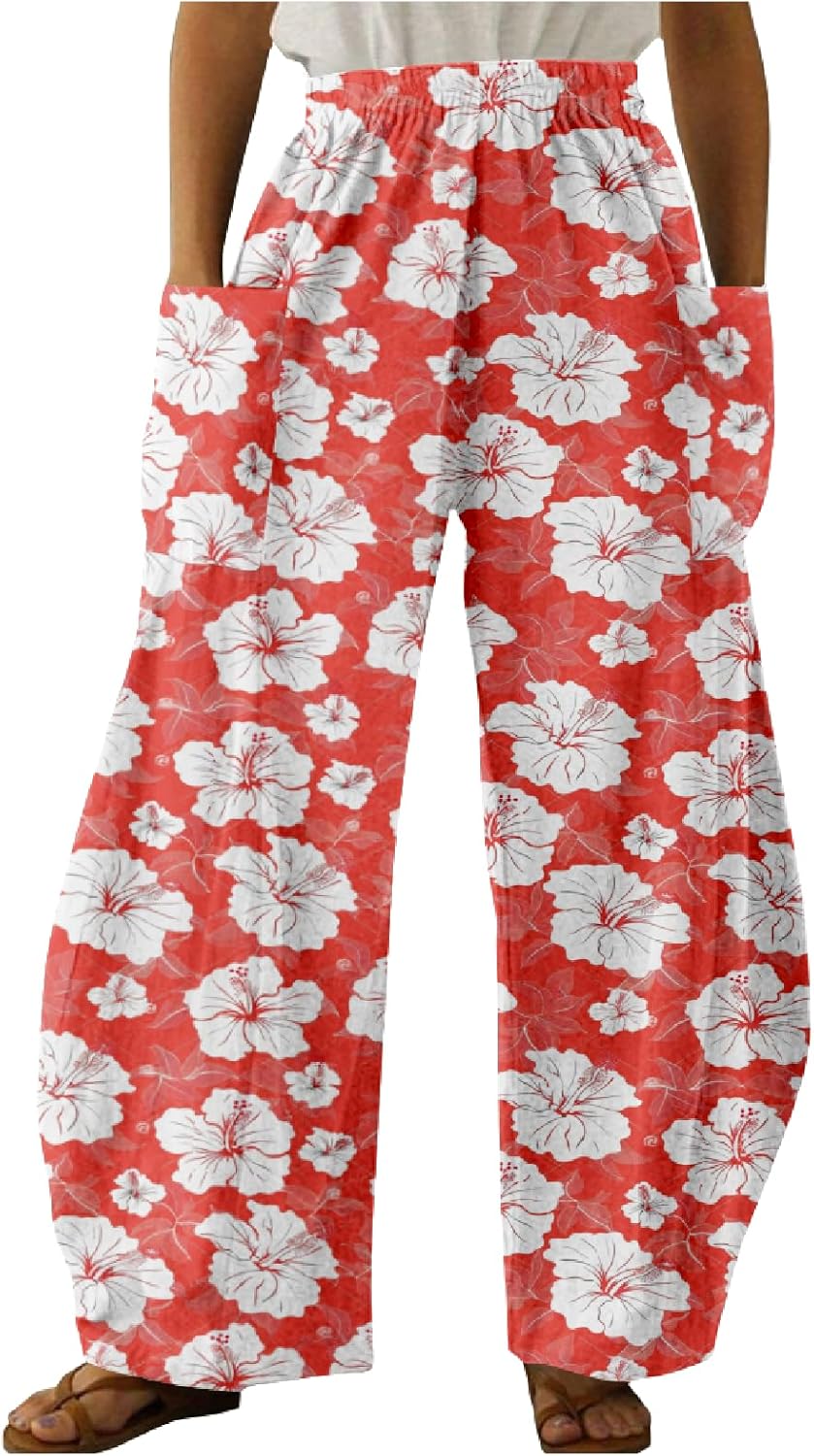 MARSVOVO Womens Summer Pants Lounge Comfy Elastic High Waisted Trousers Casual Beach Pants with Pockets