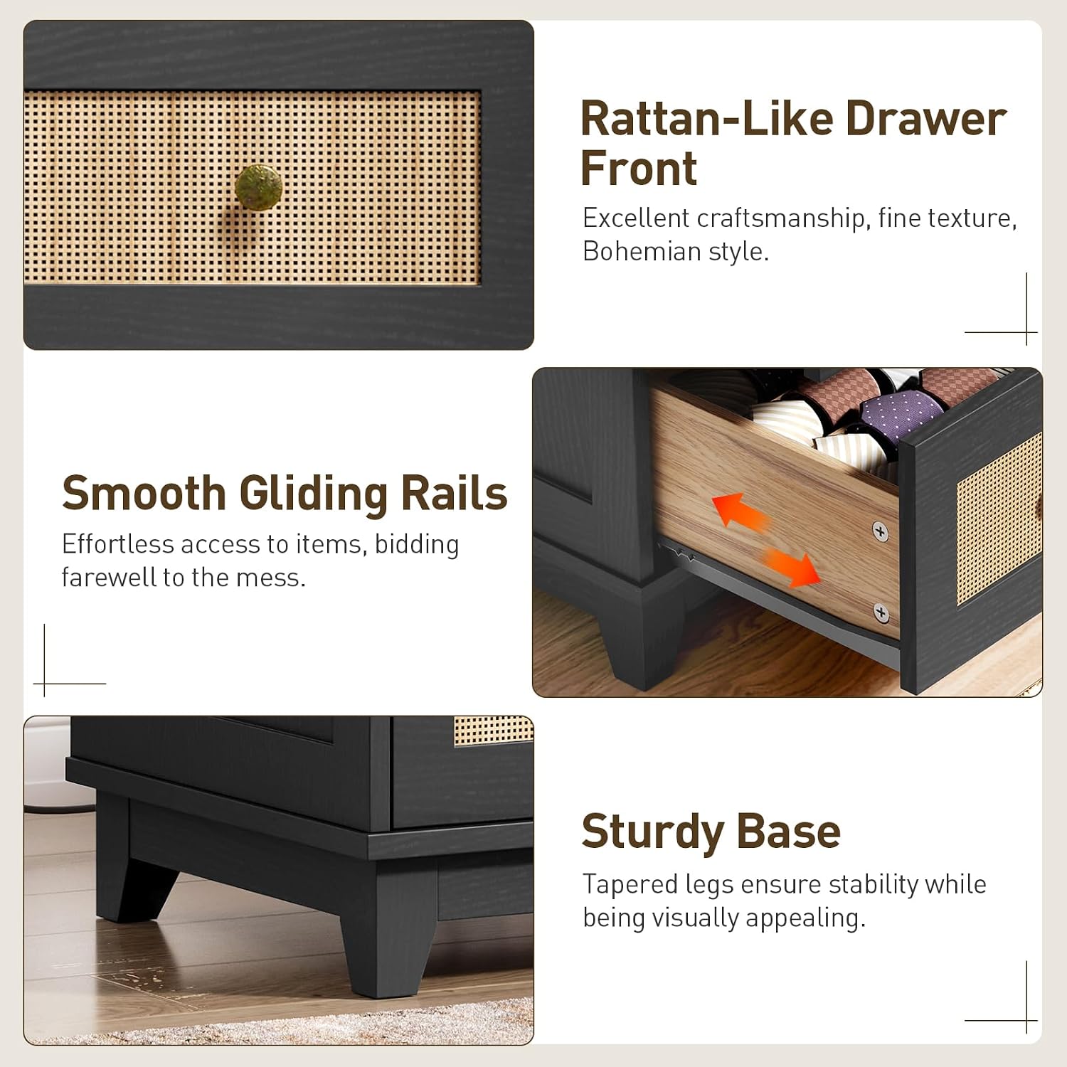 RALGEND Night Stand with Drawers, Rattan Nightstand with Charging Station, 27.6" W x 29.6" H, Boho End Tables Living Room, Tall Nightstands with 4 Drawers, Living Room, Bedroom, Black