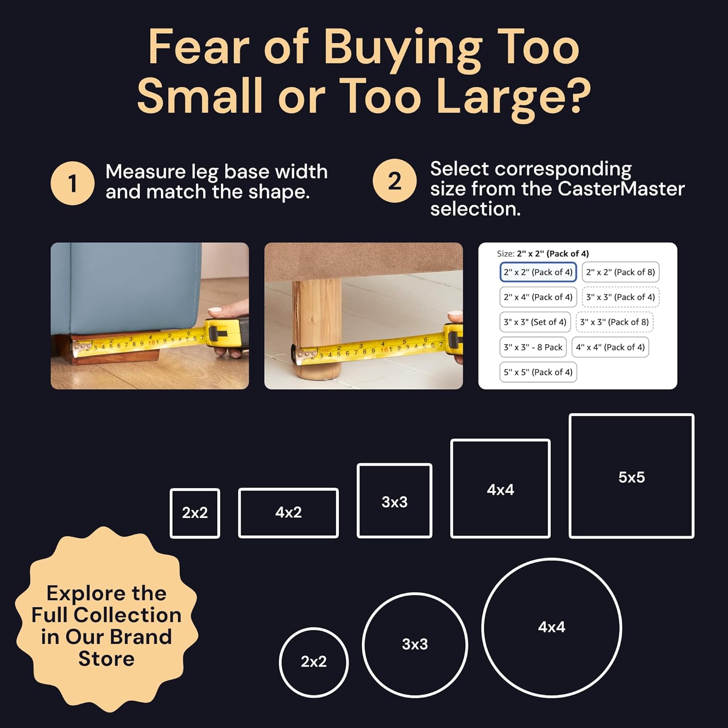 CasterMaster Non-Slip Furniture Pads for Hardwood Floors - 4 x 4 Brown Pack of 4 - Anti-Skid Rubber Caster Cups - Table Leg Protectors & Rubber Feet for Chairs