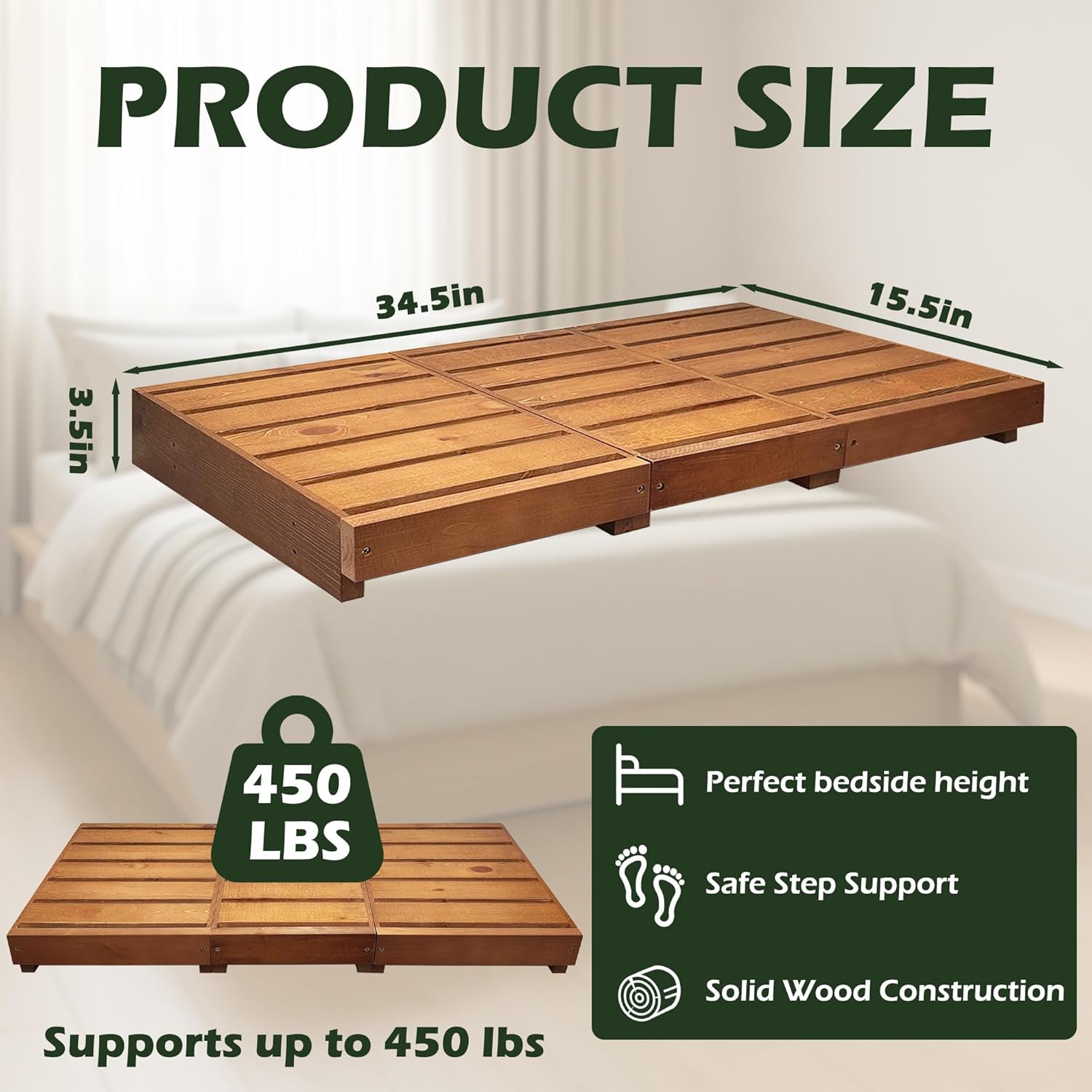 Outdoor Steps 35” Length, Wooden Step Platform 3.5'' Height, Step Stool with Non Slip Pads, Step Stools for Bed, Wooden Platform for Bathroom, Kitchen, Bed, Oak