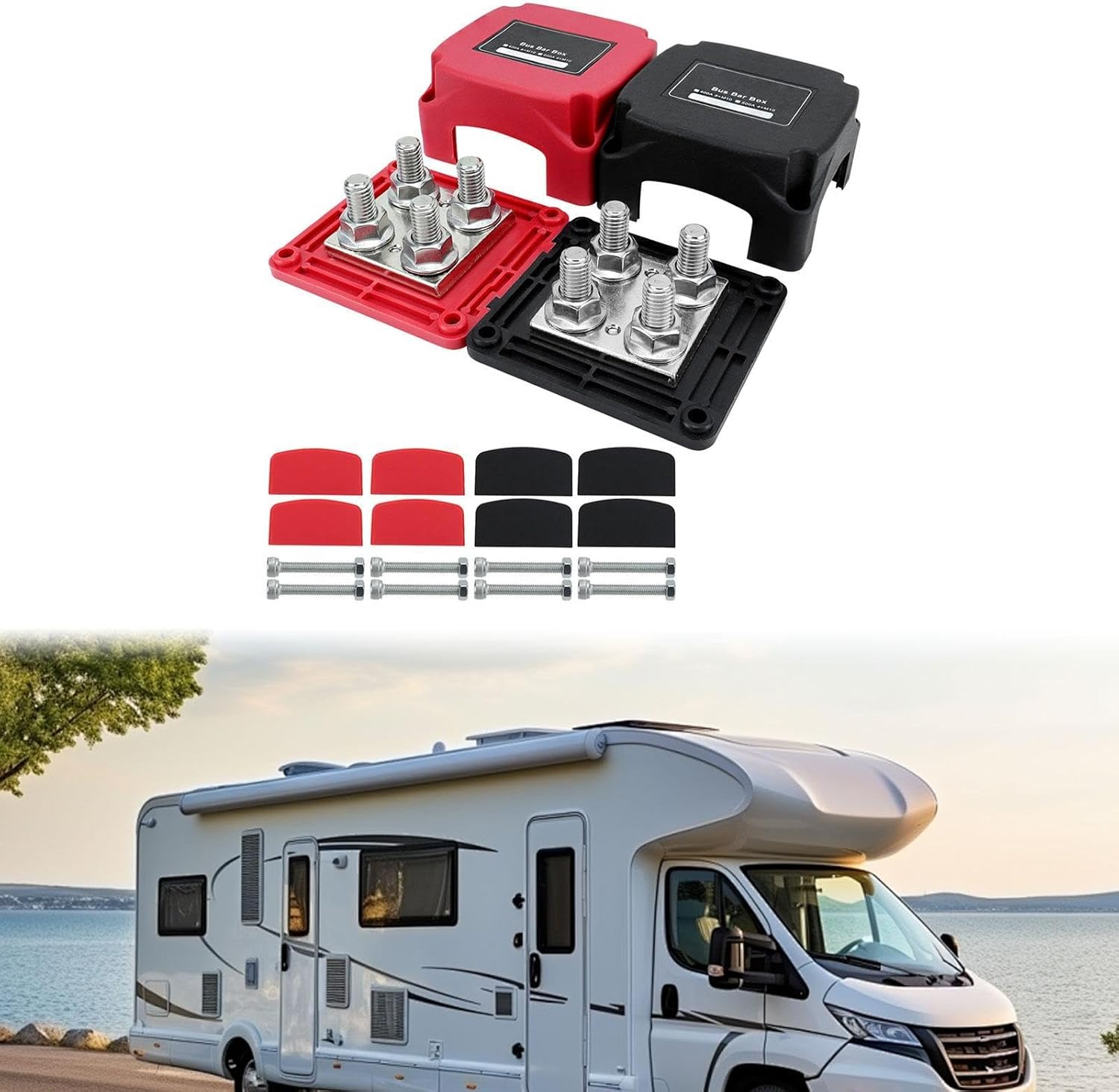 Bus Bar Power Distribution Block RV Modification Terminal Studs Terminal Bus Bar, for Automotive Trailer Solar Wiring M10, Red(Red and Black)