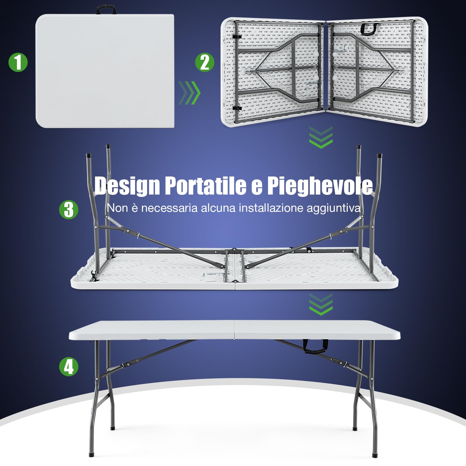 COSTWAY Tavolo da Pranzo Pieghevole 180 cm, Tavolo Campeggio con Maniglia | in Plastica, Gambe in Metallo e Piedini Antiscivolo, per Picnic, Campeggio, Giardino, Portata 180 kg