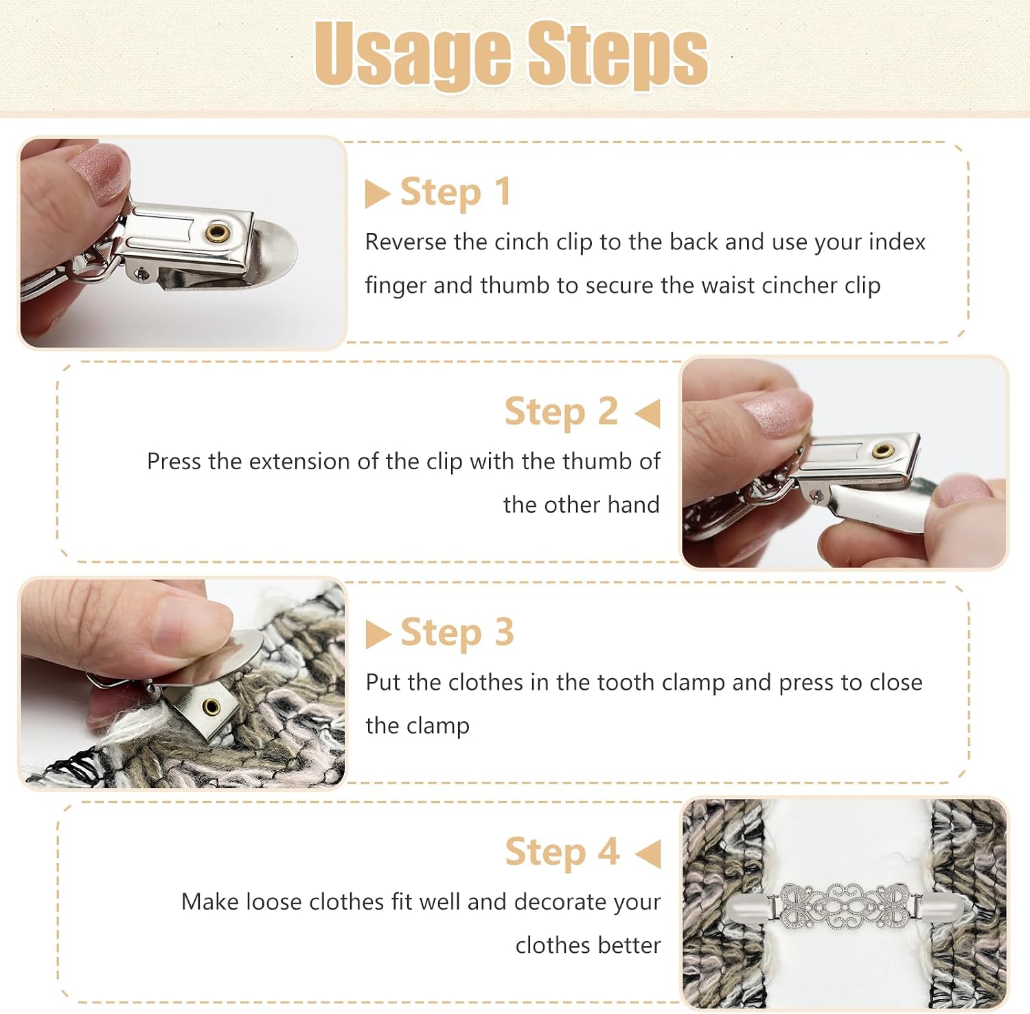 Frutain 2 Pcs Waist Cincher & Shirt Clip Retro Dress Cinch Clips for Shawl,Cardigan,Sweater,Clothes & Pant Tightener Clip(Classic) image 4
