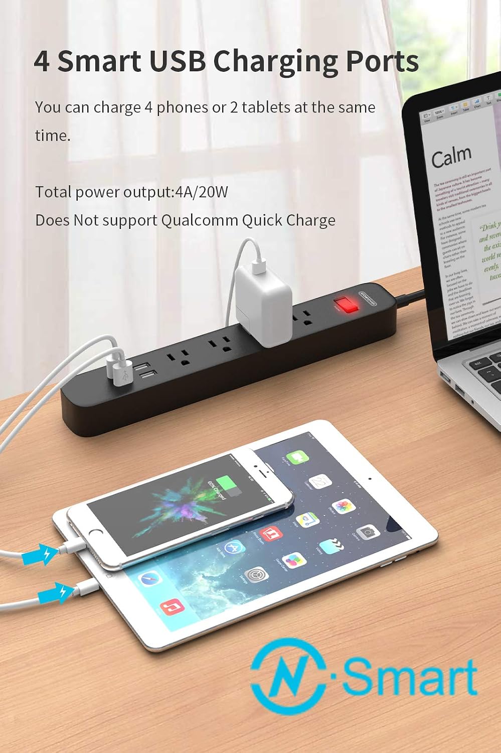 Power Strip Surge Protector 15 ft Cord, NTONPOWER Surge Protector with 4 Outlets 4 USB Charging Ports, 1700 Joules, Overload Protection Slim Desgin for Office Home TV Theater, Black